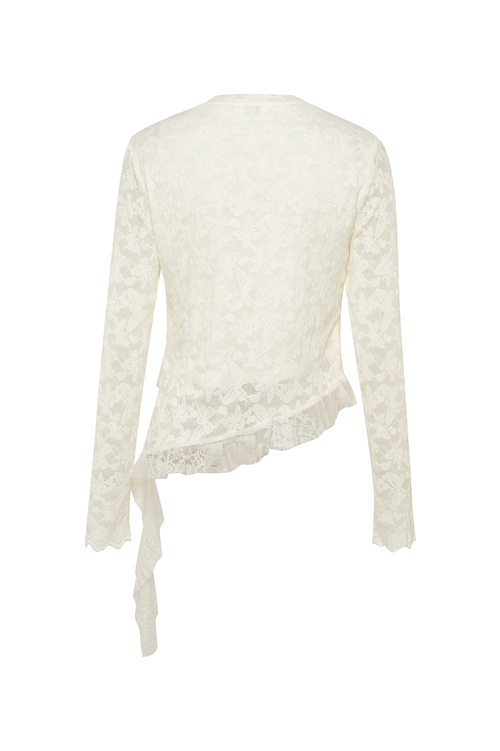 White Lace Ruffle Blouse with Long Sleeves-LYONSENS