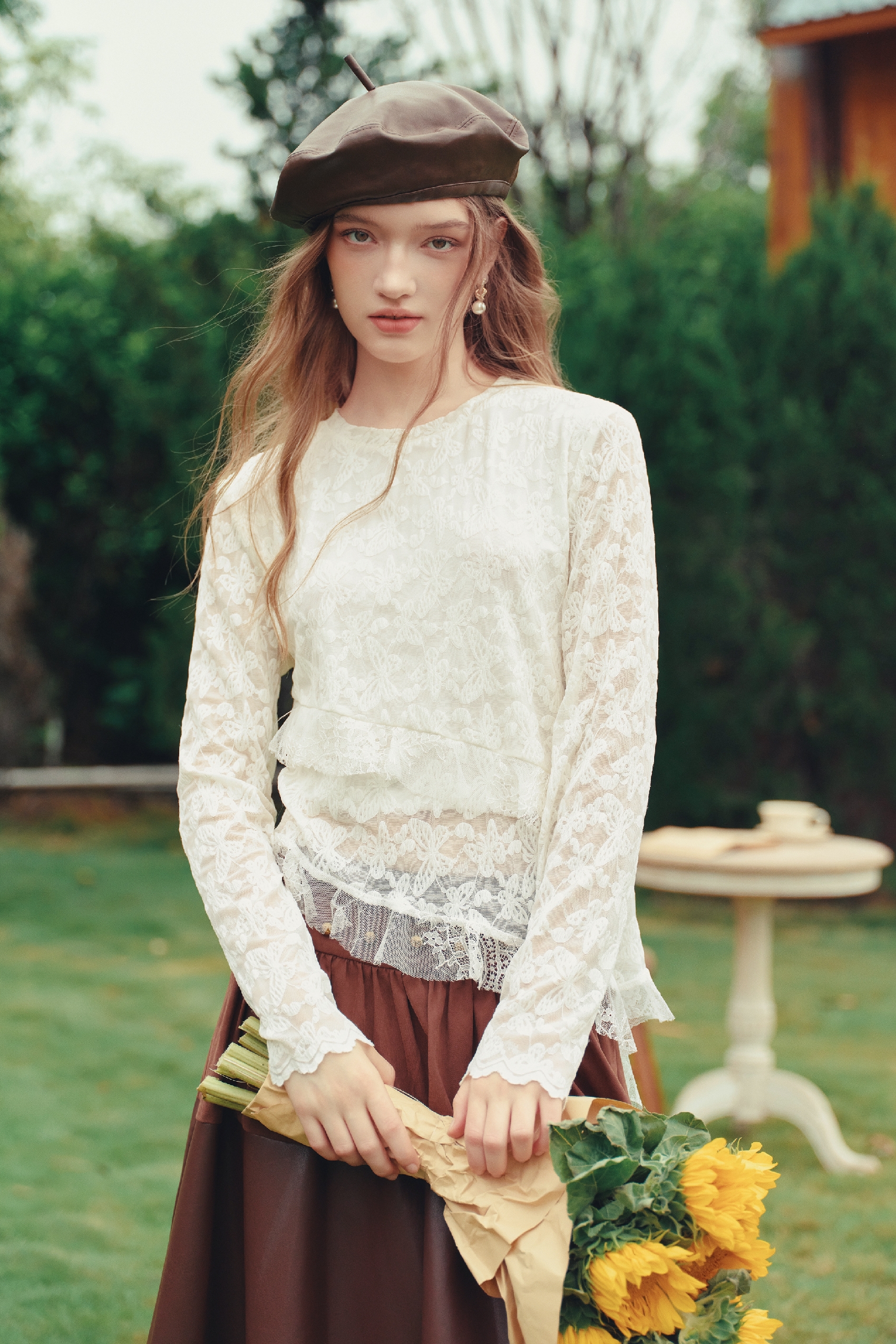 White Lace Ruffle Blouse with Long Sleeves-LYONSENS