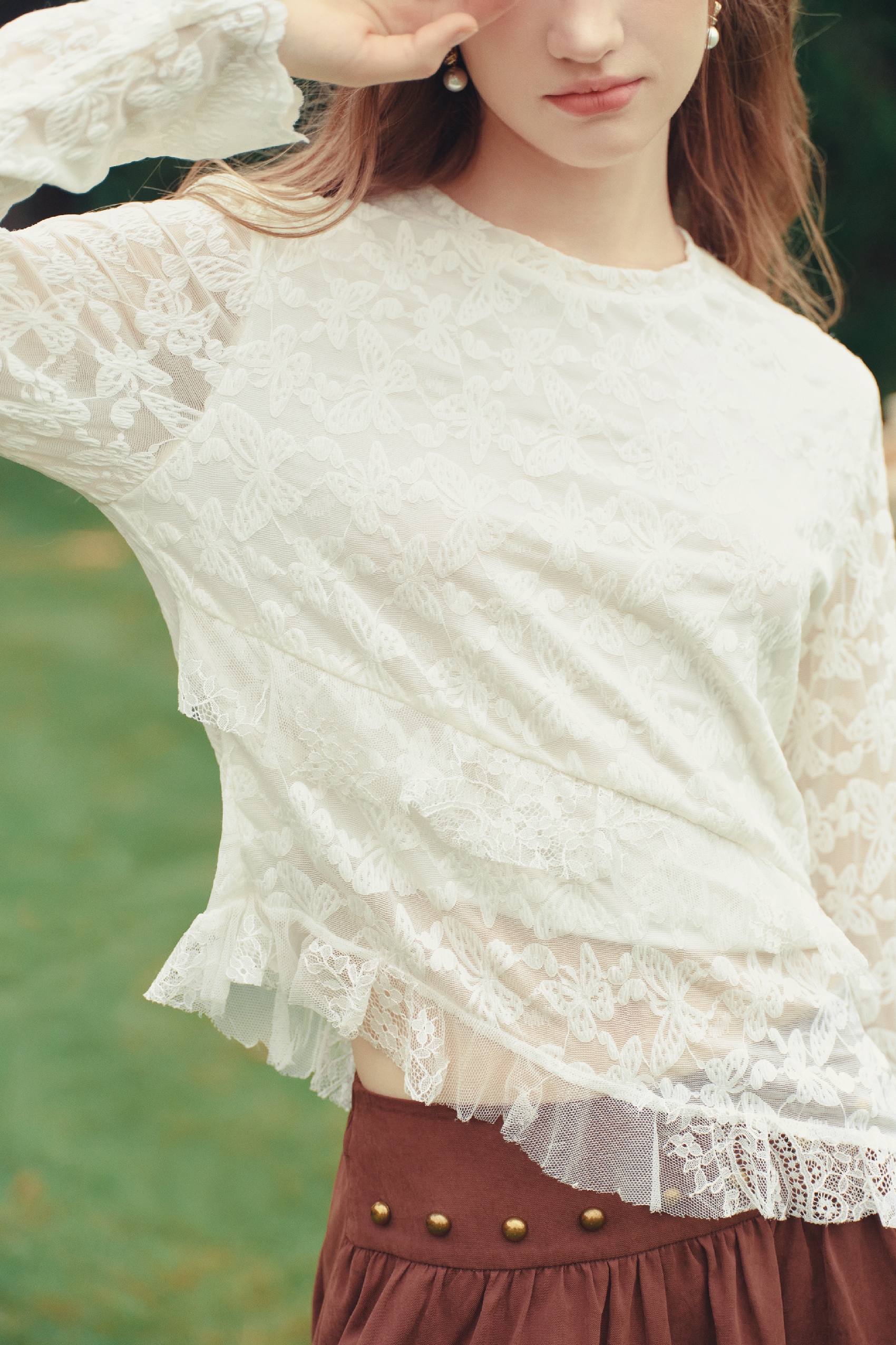 White Lace Ruffle Blouse with Long Sleeves-LYONSENS