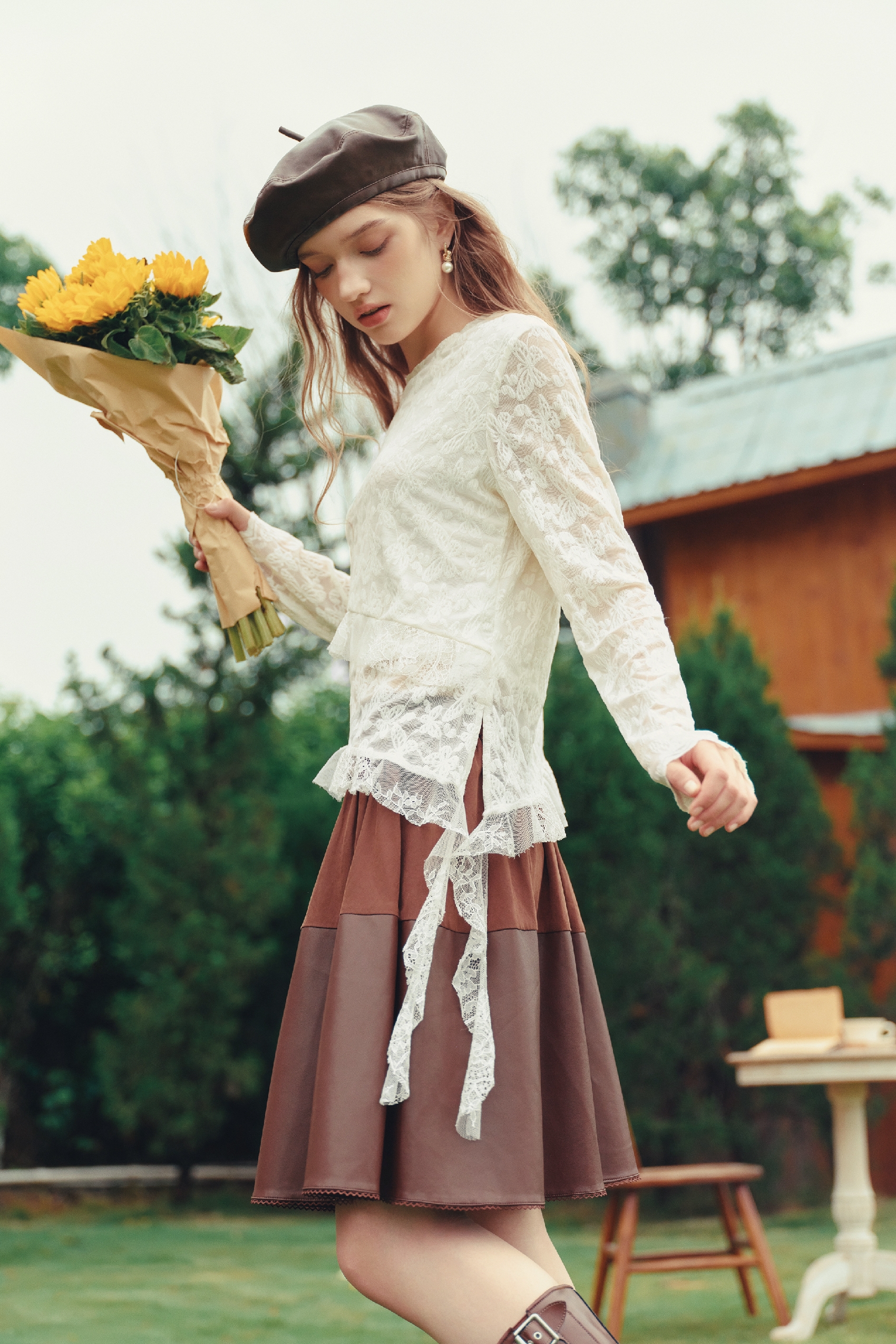 White Lace Ruffle Blouse with Long Sleeves-LYONSENS