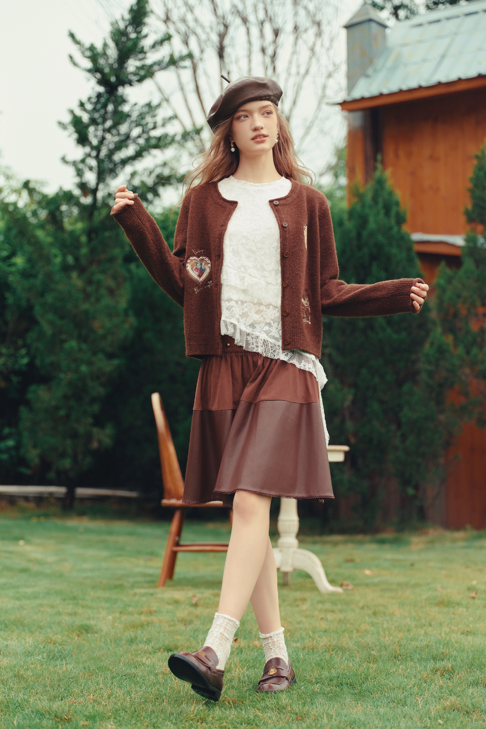 White Lace Ruffle Blouse with Long Sleeves-LYONSENS