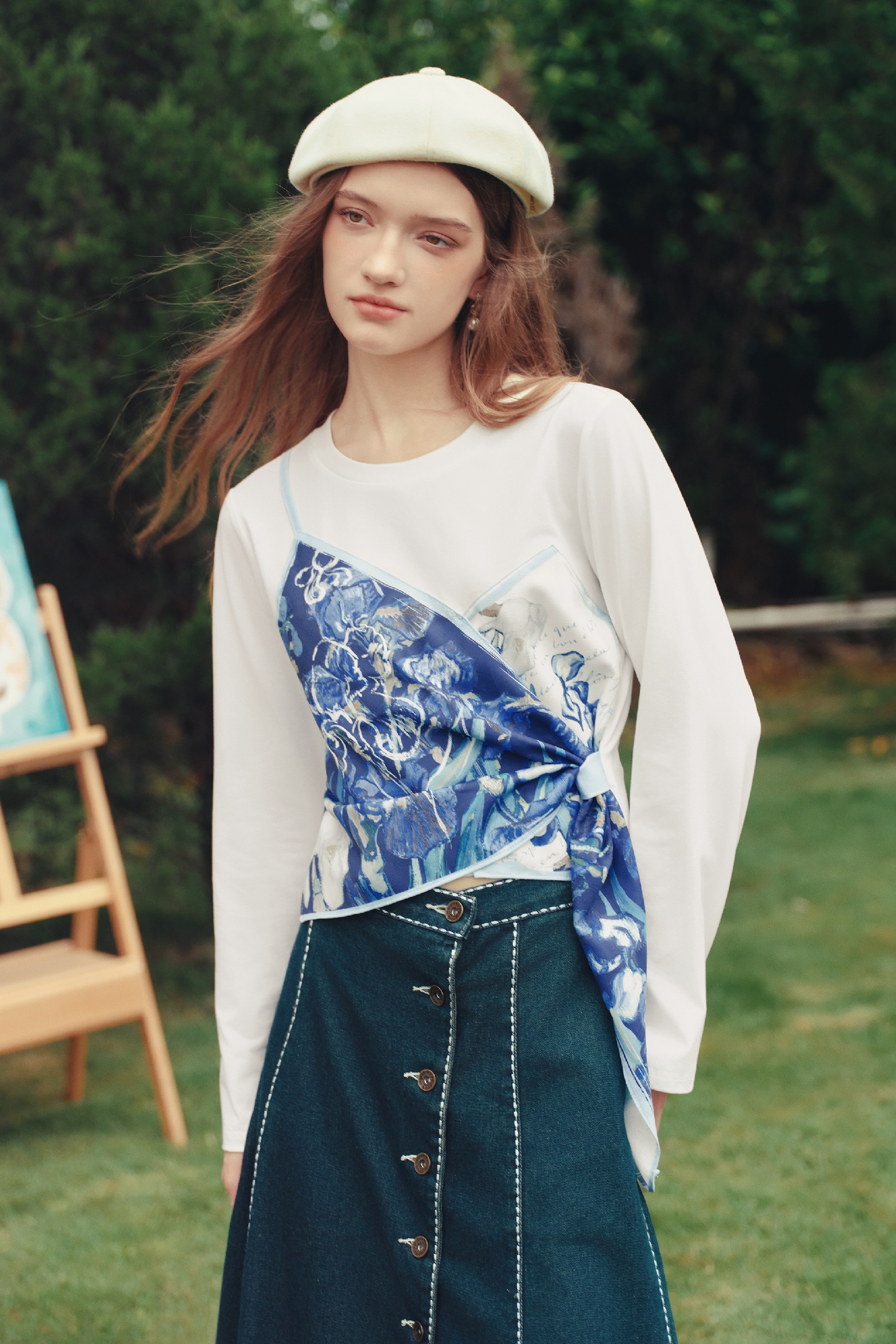 Spliced Off‑the‑Shoulder Long‑sleeve Top