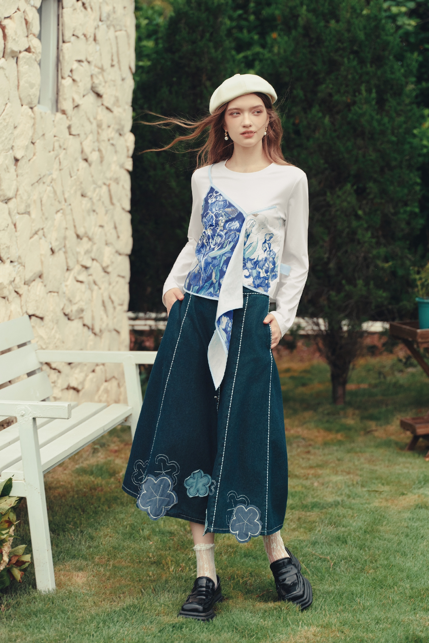 Spliced Off‑the‑Shoulder Long‑sleeve Top