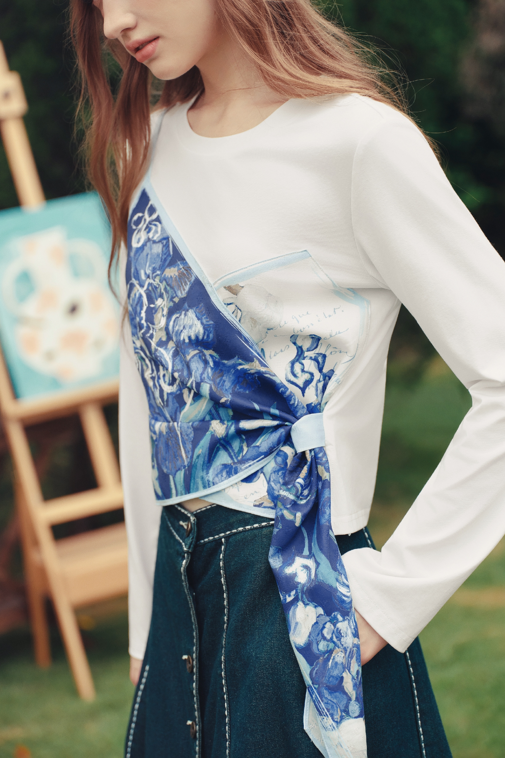 Spliced Off‑the‑Shoulder Long‑sleeve Top