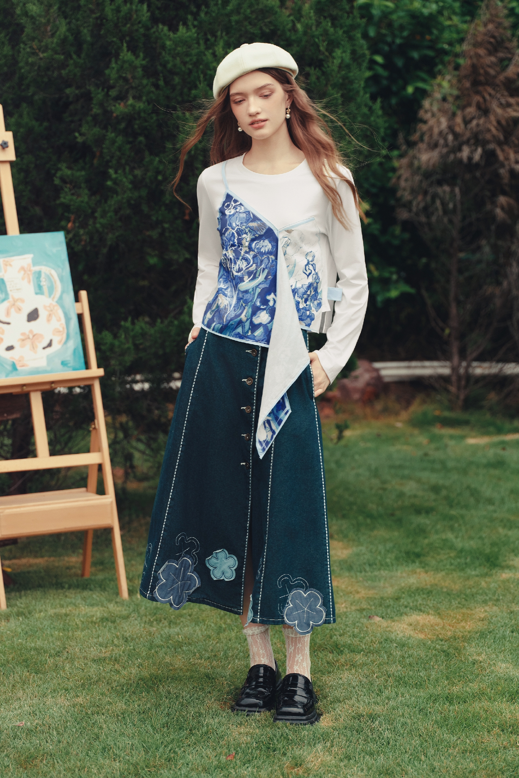 Spliced Off‑the‑Shoulder Long‑sleeve Top