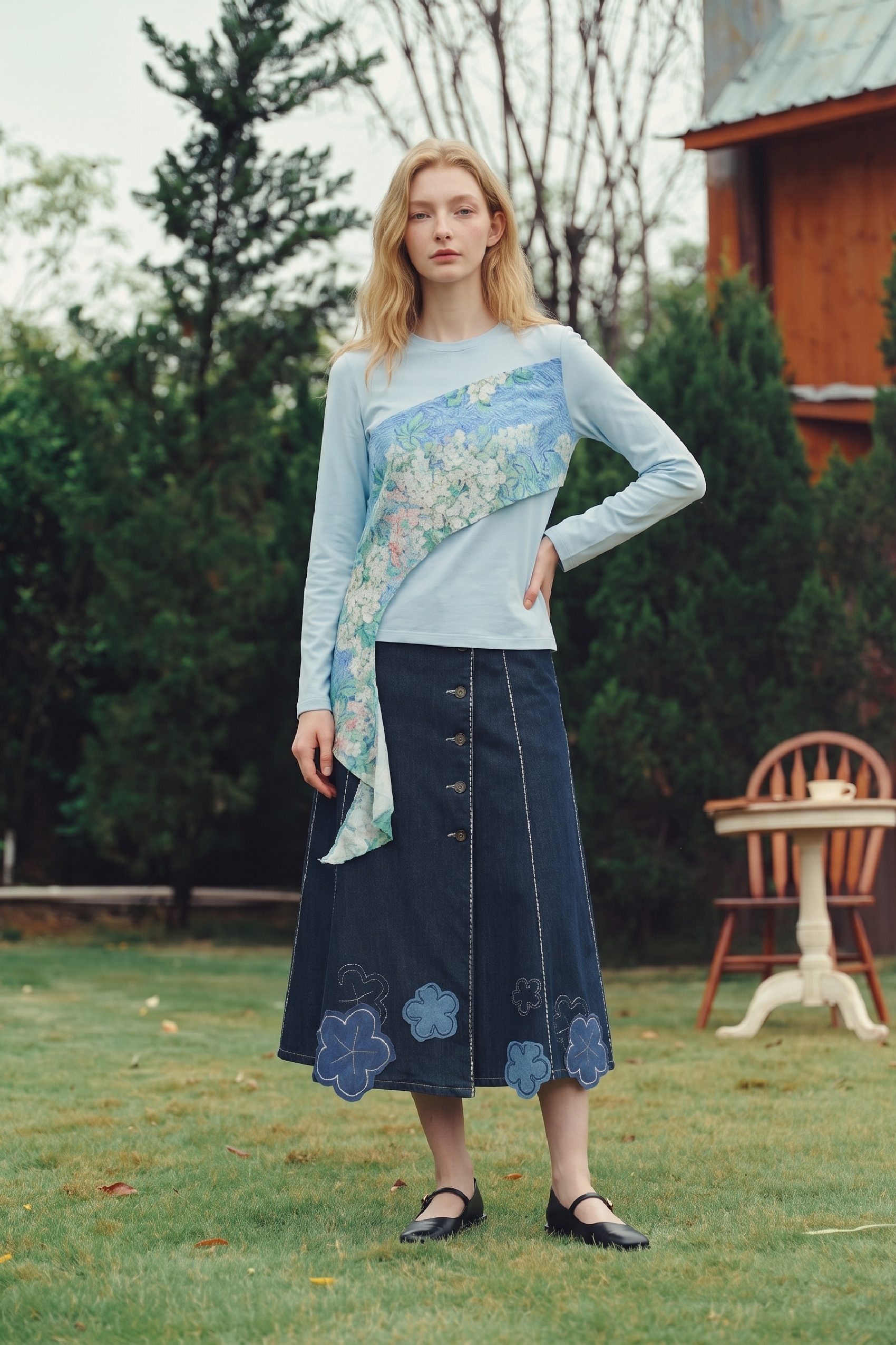 Designer Floral Spliced Long‑sleeve Top