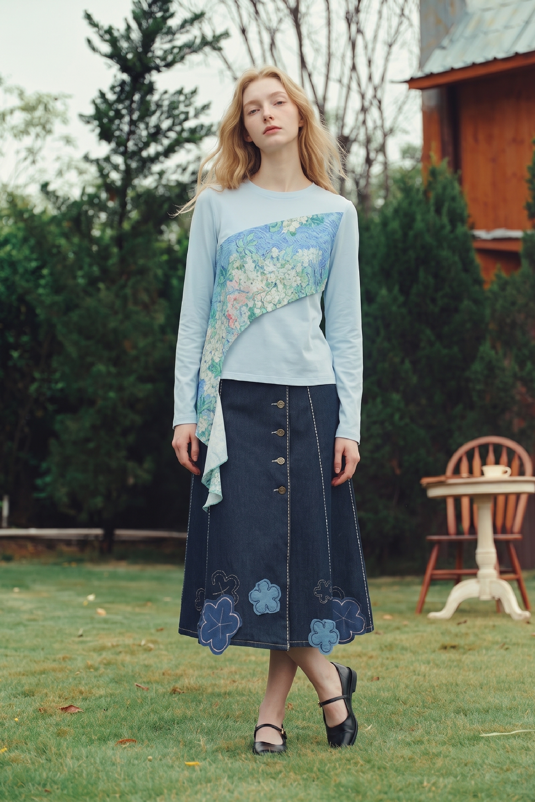 Designer Floral Spliced Long‑sleeve Top