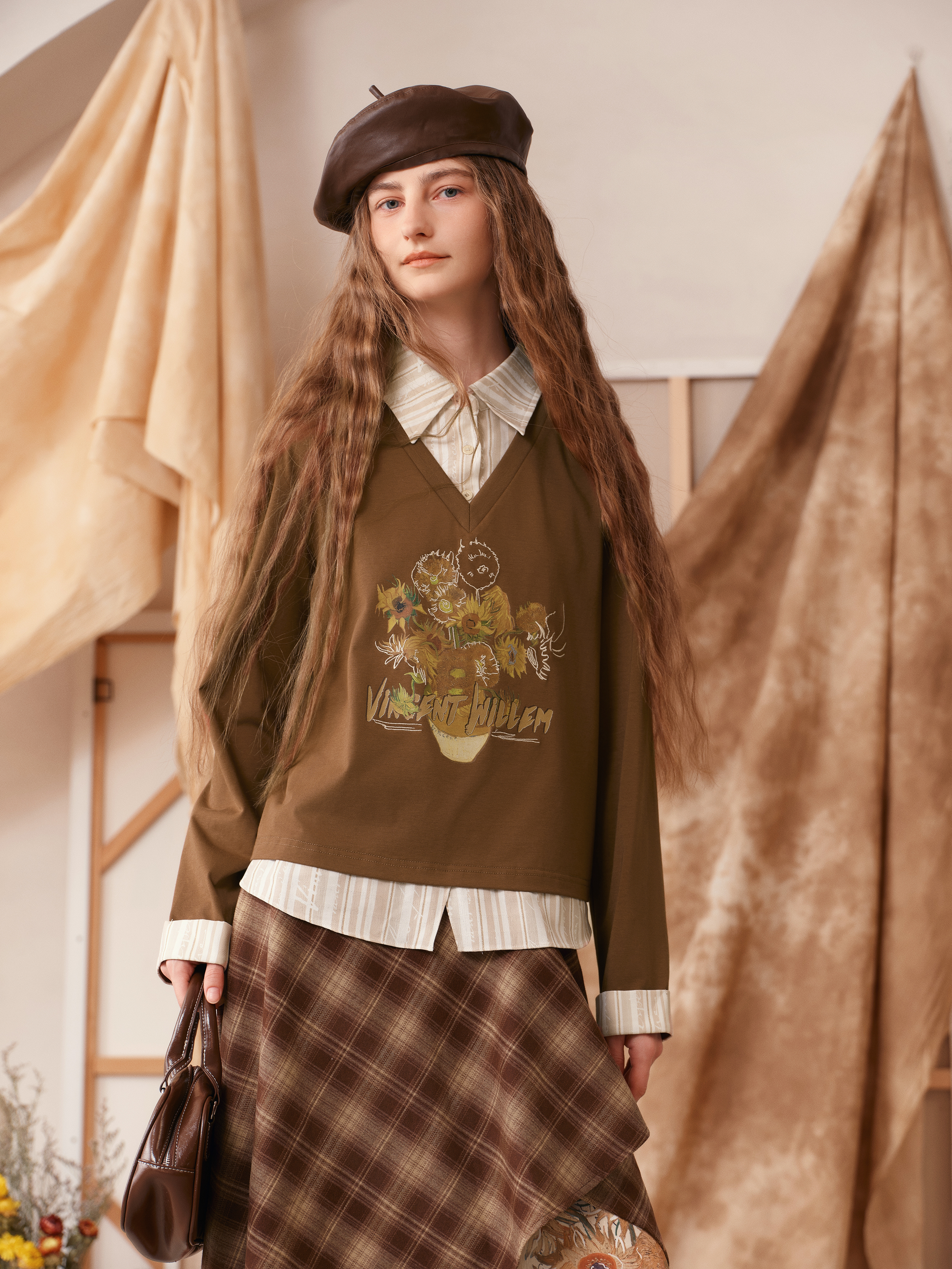 Two-Piece Look Printed Turn-Down Collar Long Sleeve T-Shirt