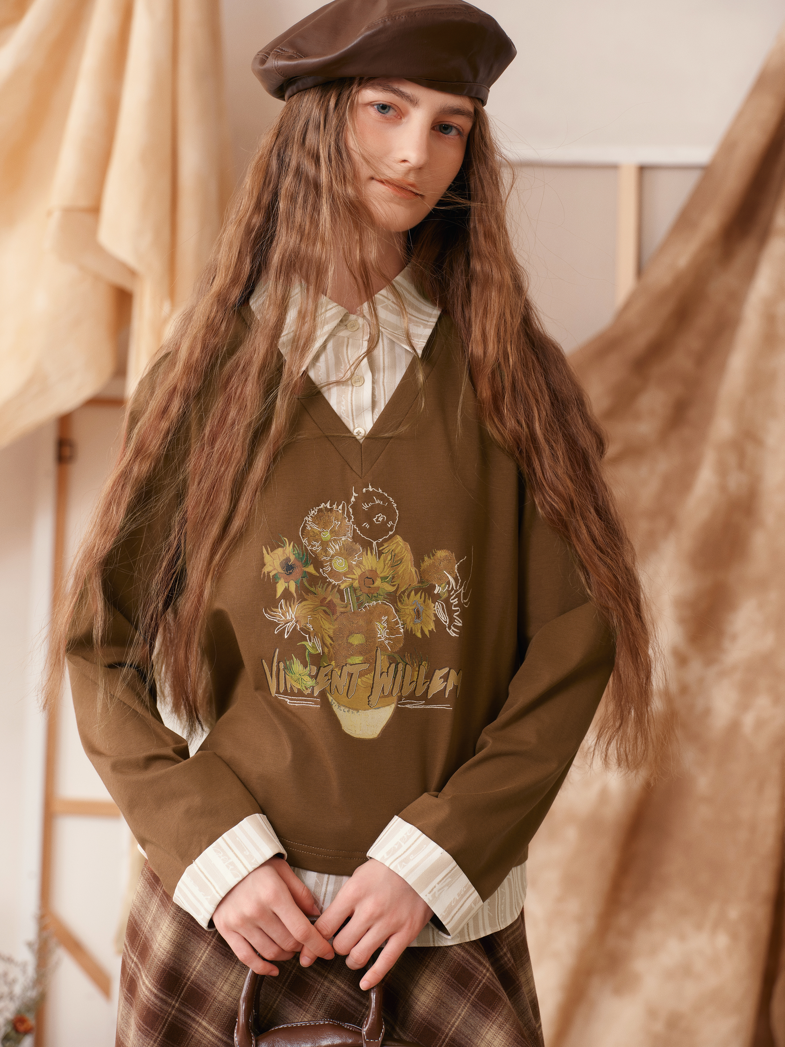 Two-Piece Look Printed Turn-Down Collar Long Sleeve T-Shirt