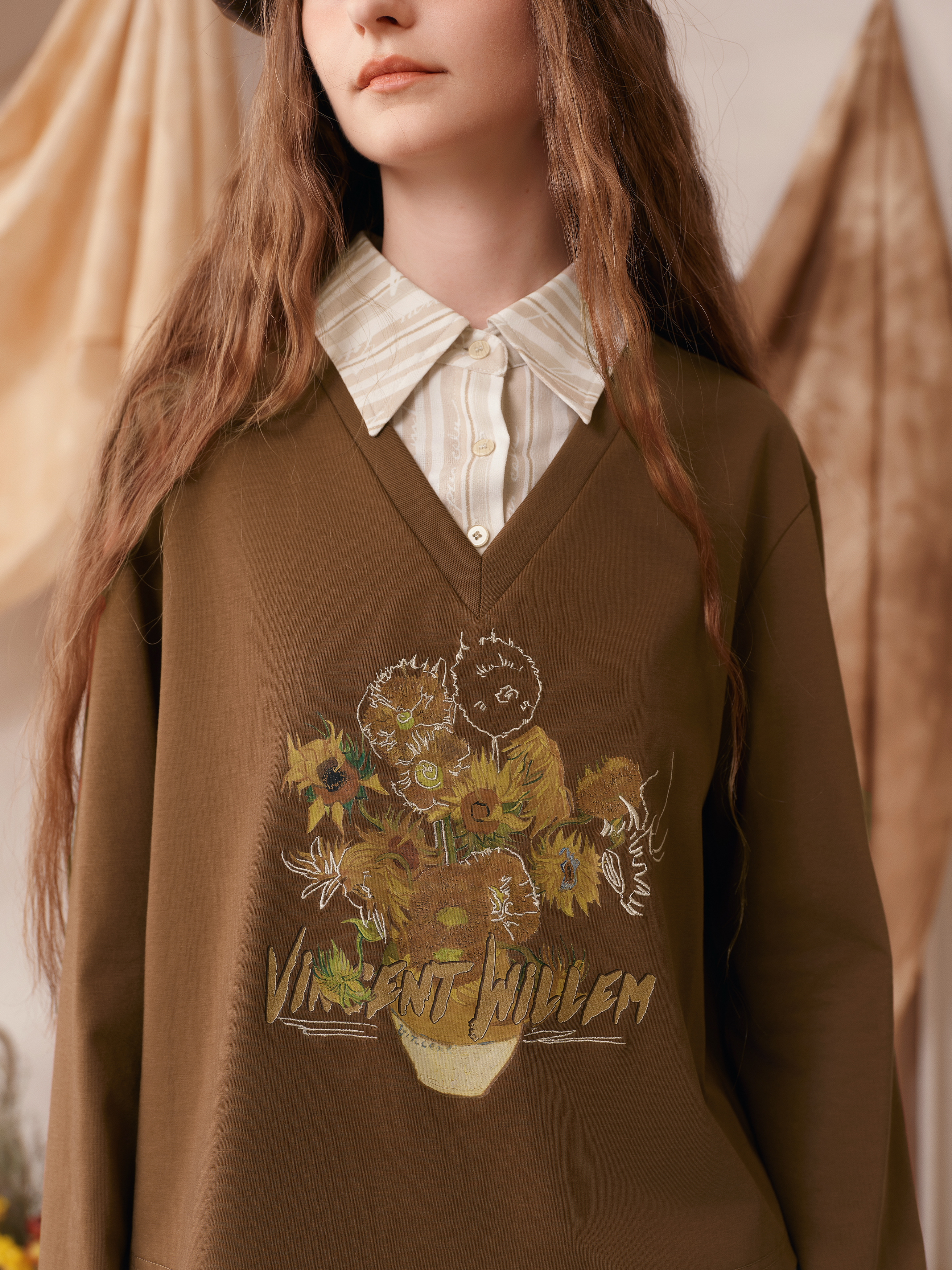 Two-Piece Look Printed Turn-Down Collar Long Sleeve T-Shirt