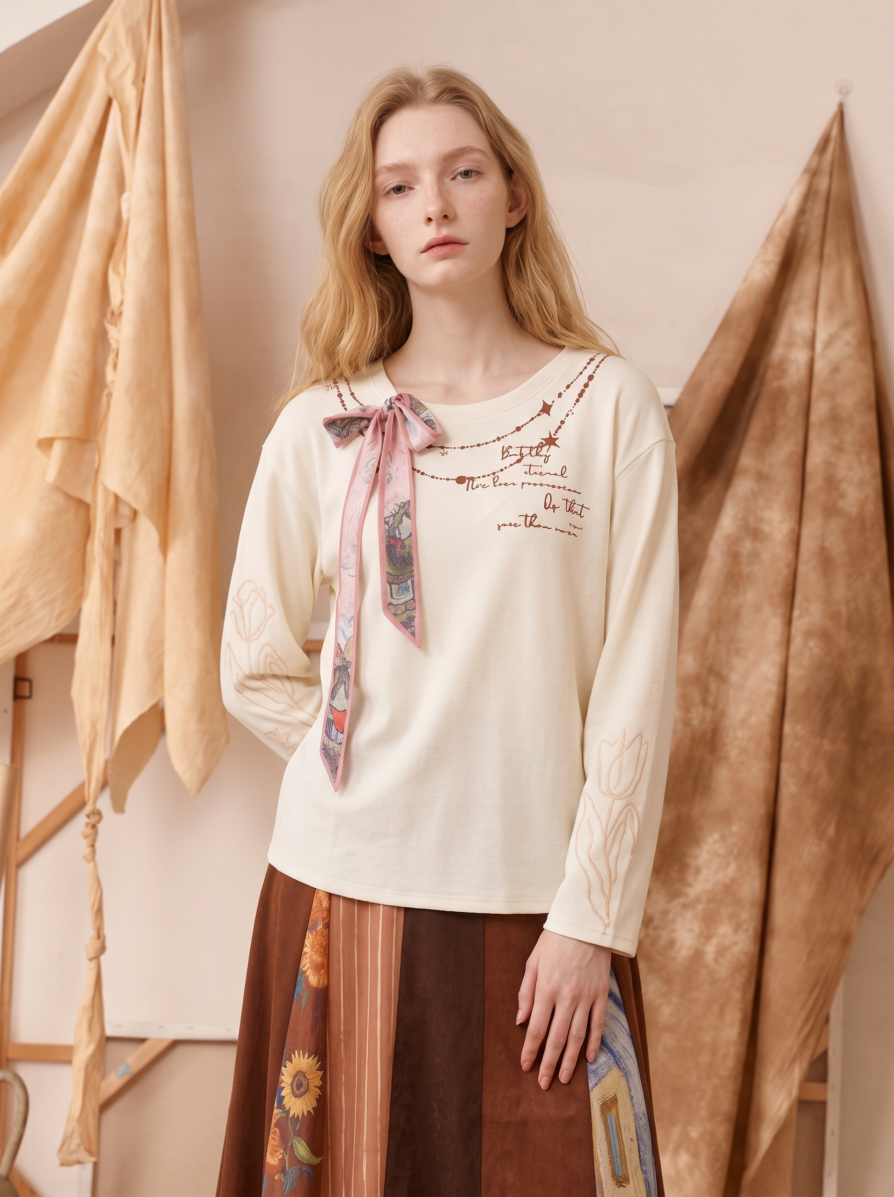 Soft Tie-Neck Turtleneck Long Sleeve T-Shirt