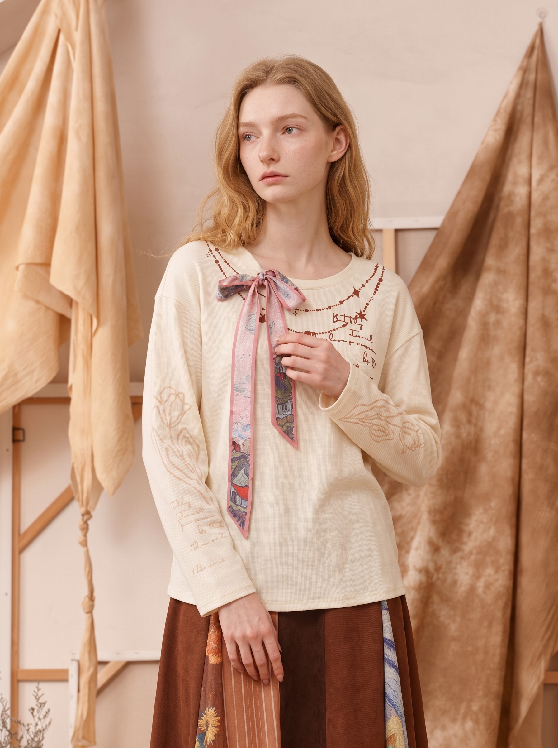 Soft Tie-Neck Turtleneck Long Sleeve T-Shirt