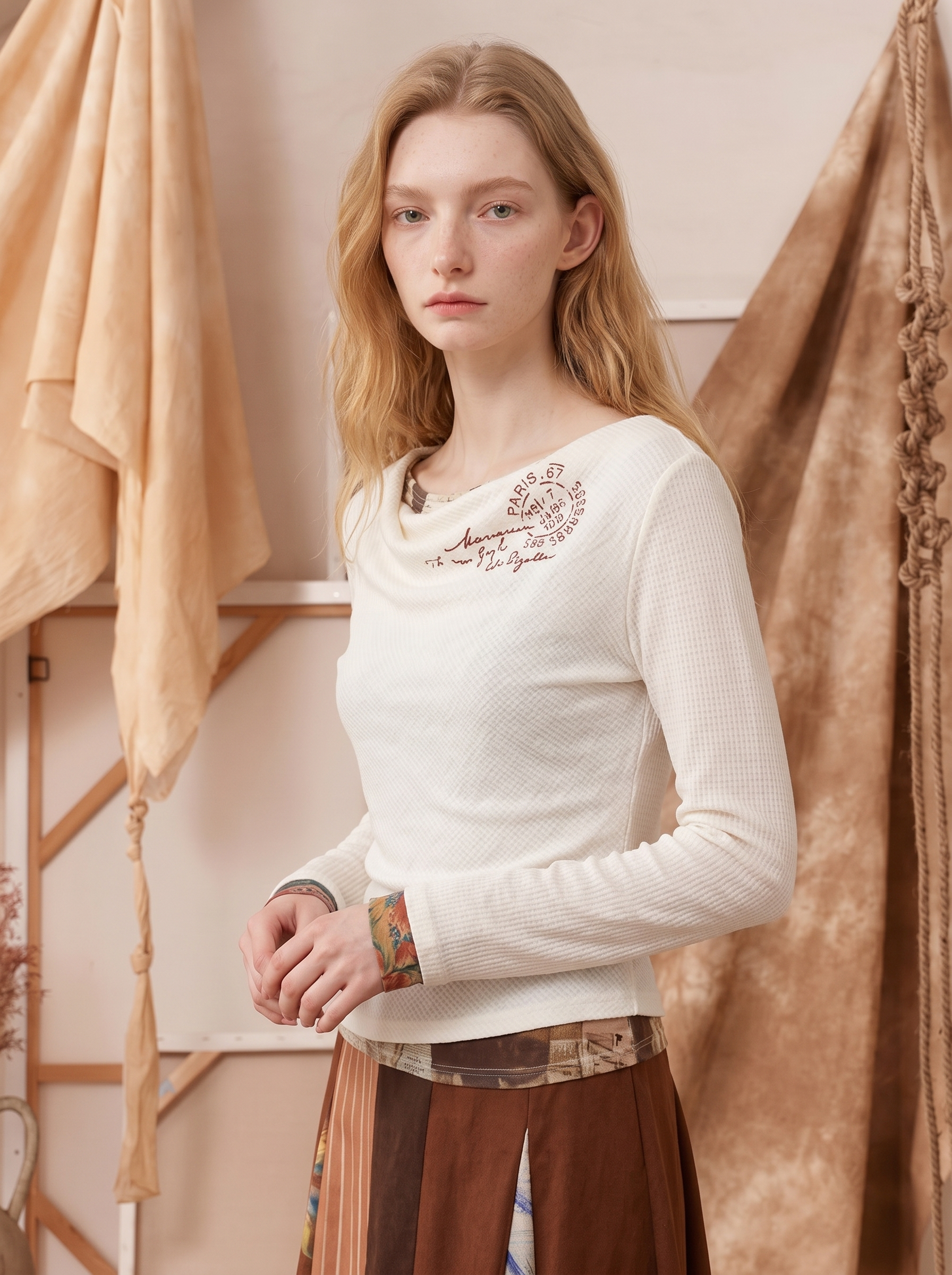 Minimal Cowl-Neck Drapey Long Sleeve T-Shirt