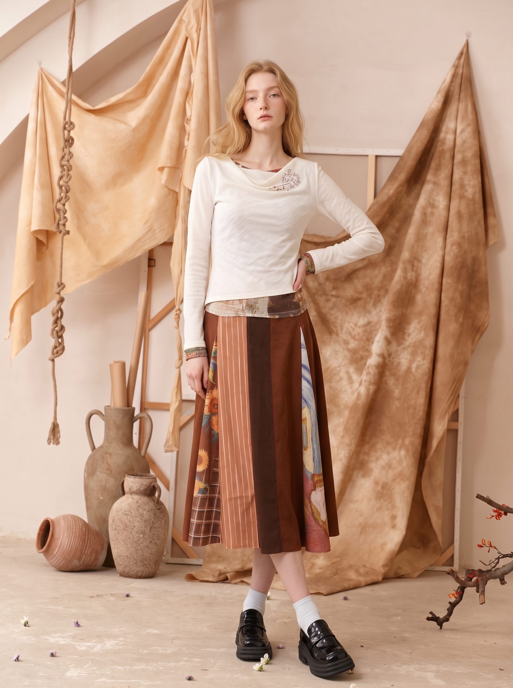 Minimal Cowl-Neck Drapey Long Sleeve T-Shirt