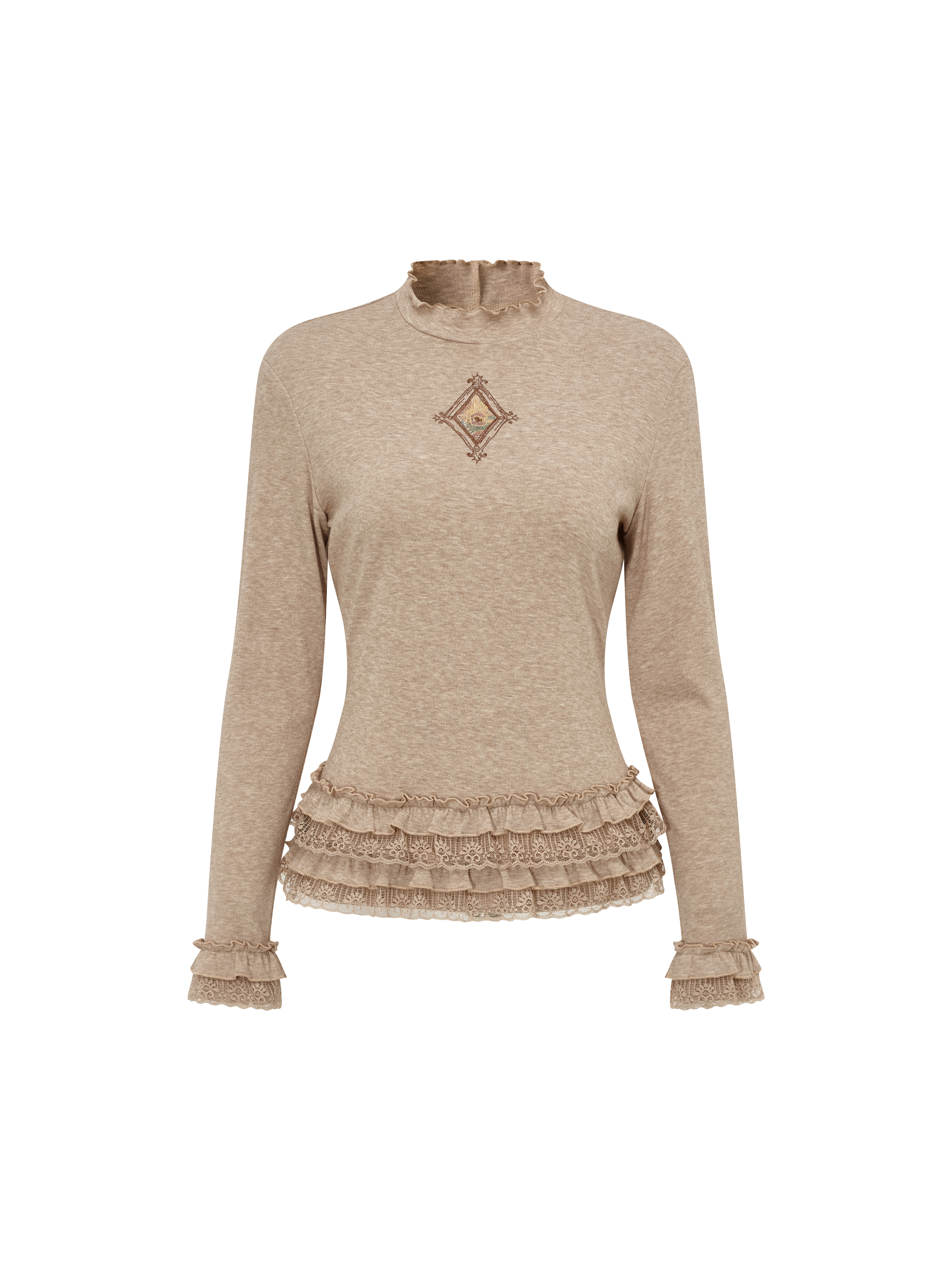 Chinese-Style Frog-Button Lace-Trimmed Long Sleeve T-Shirt