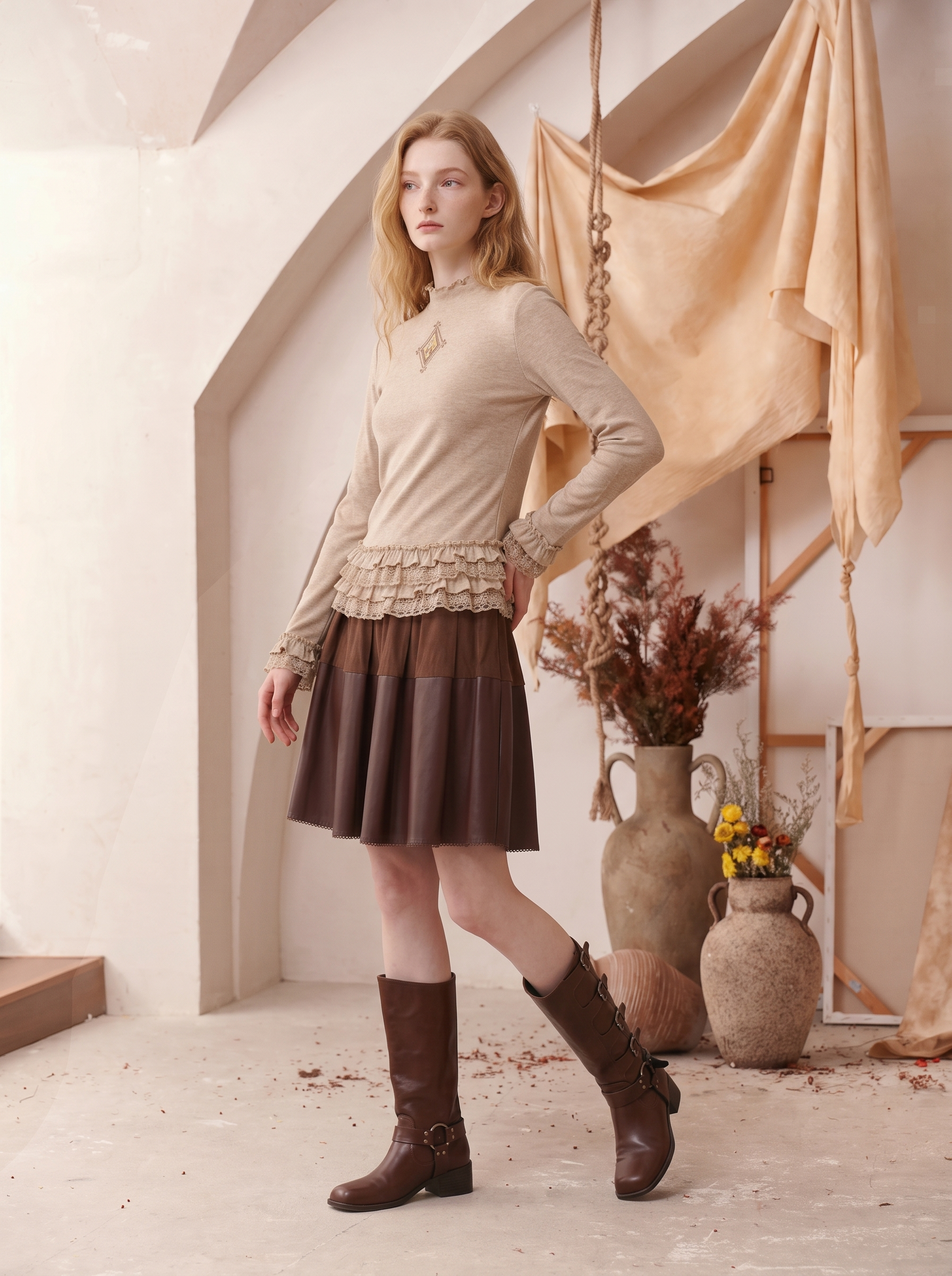 Chinese-Style Frog-Button Lace-Trimmed Long Sleeve T-Shirt