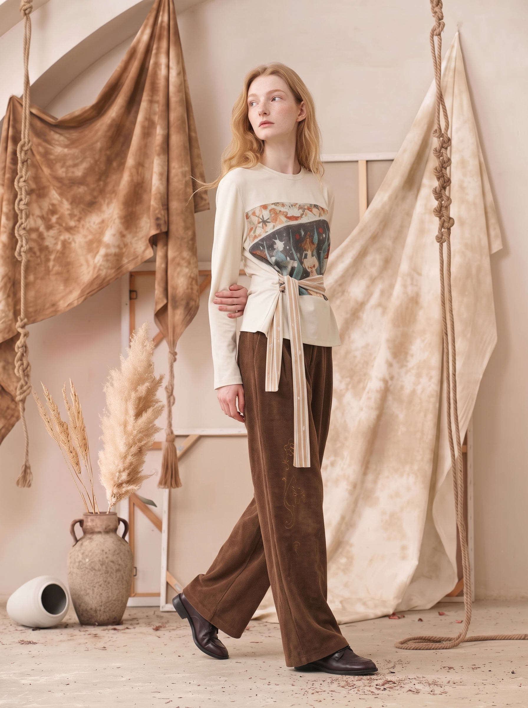 Floral Patchwork Open-Back Tie-Up Long Sleeve T-Shirt