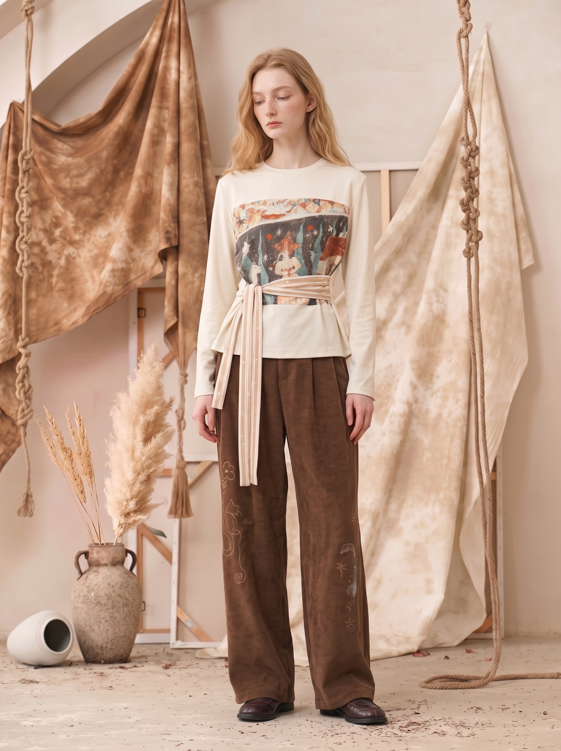 Floral Patchwork Open-Back Tie-Up Long Sleeve T-Shirt