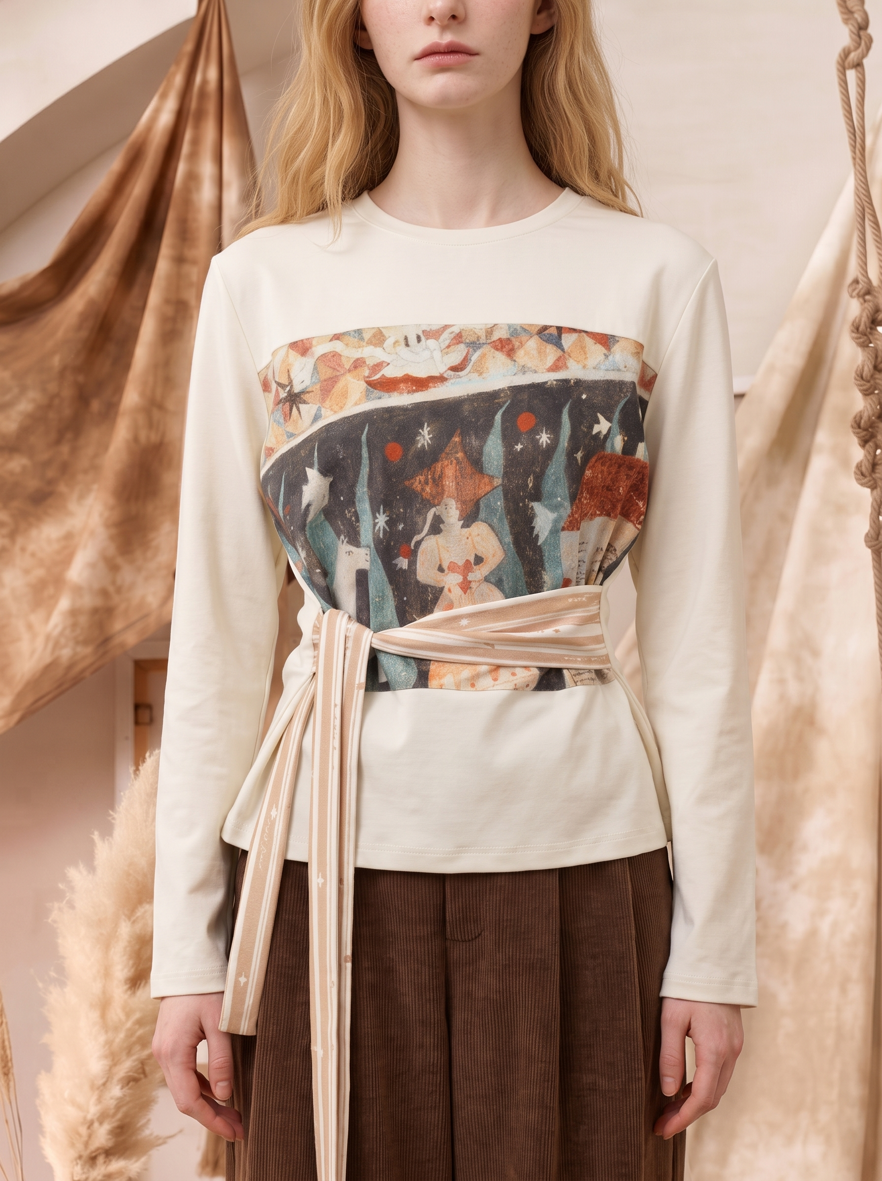 Floral Patchwork Open-Back Tie-Up Long Sleeve T-Shirt