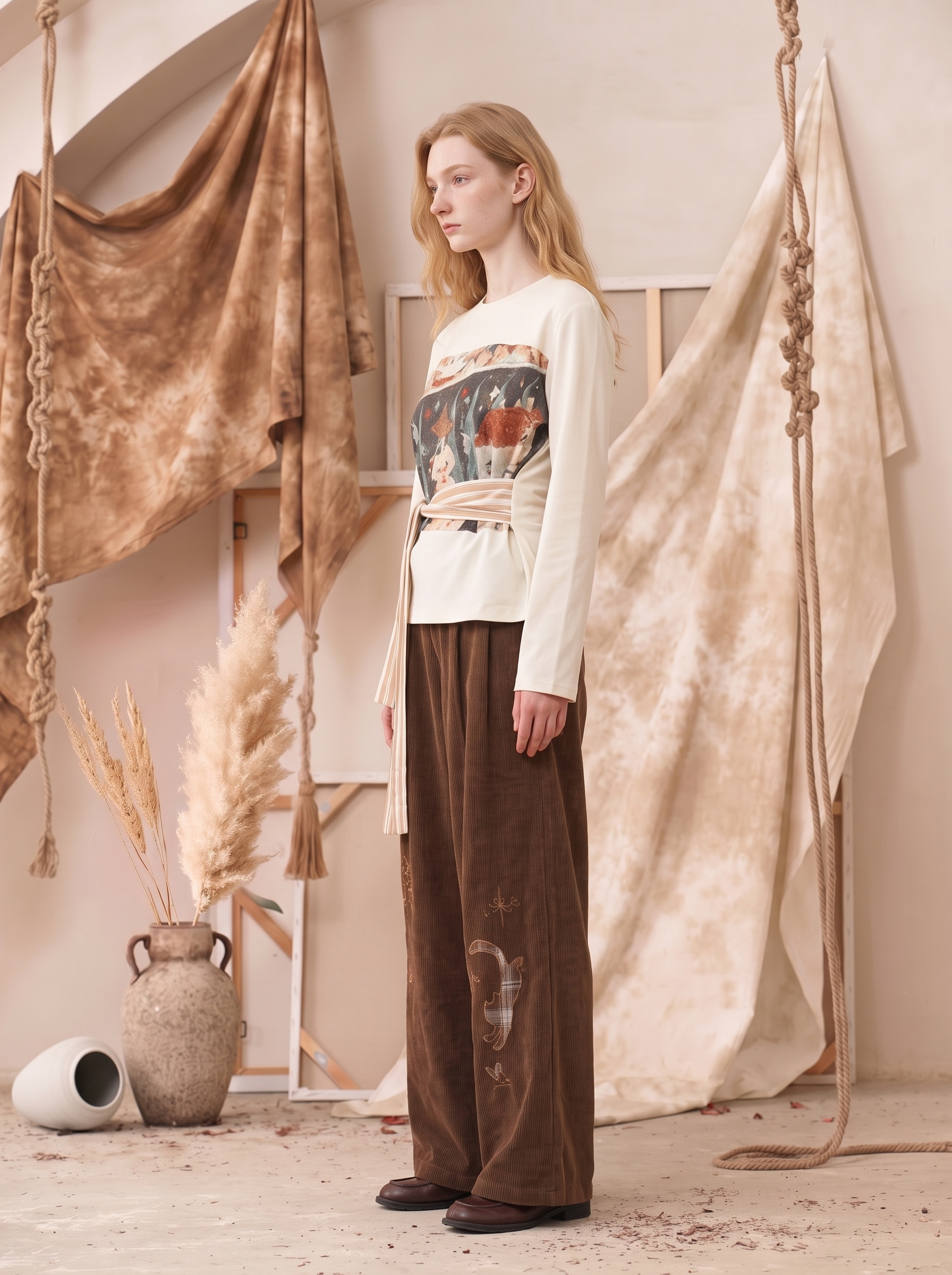 Floral Patchwork Open-Back Tie-Up Long Sleeve T-Shirt