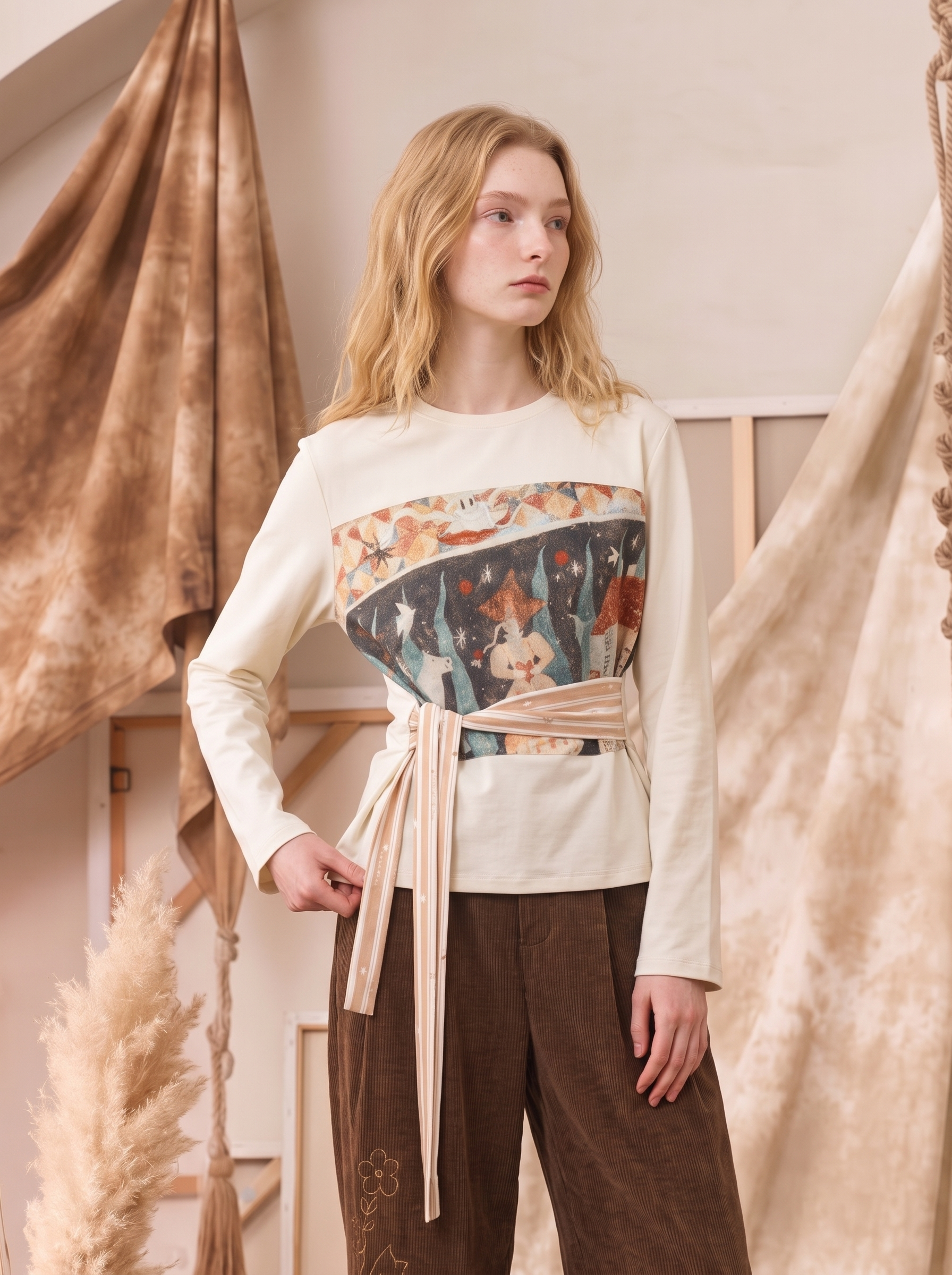 Floral Patchwork Open-Back Tie-Up Long Sleeve T-Shirt