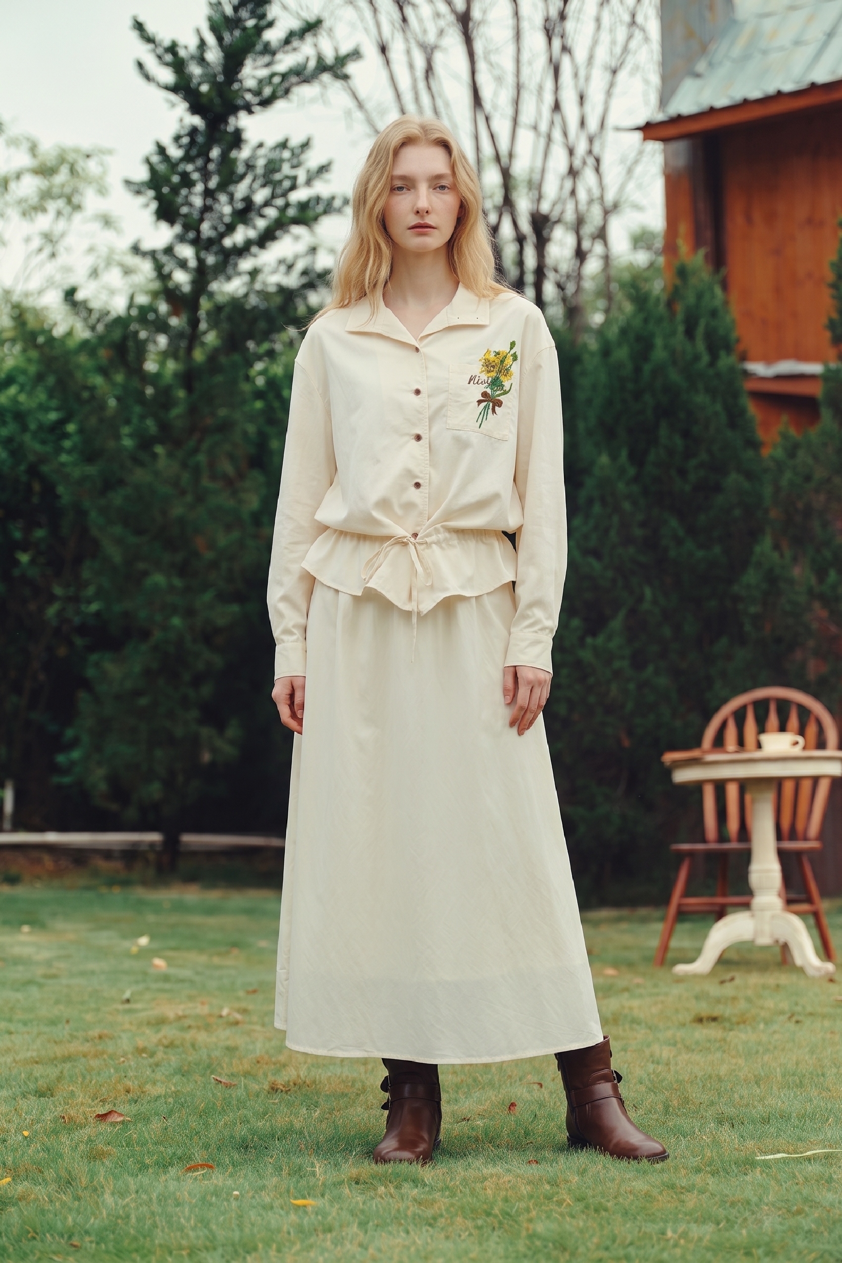 Embroidered Waist-Cinched Dress-LYONSENS
