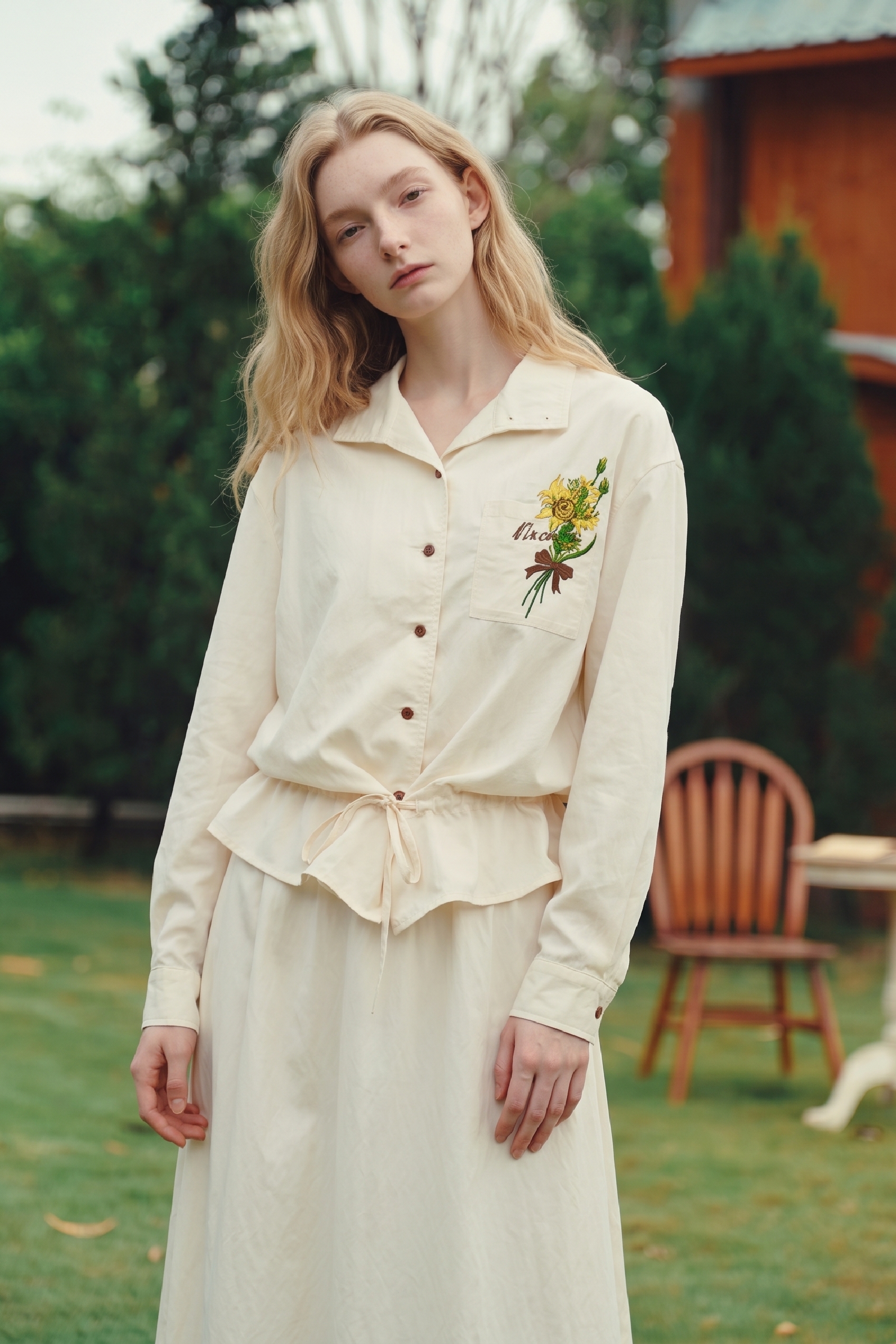 Embroidered Waist-Cinched Dress-LYONSENS