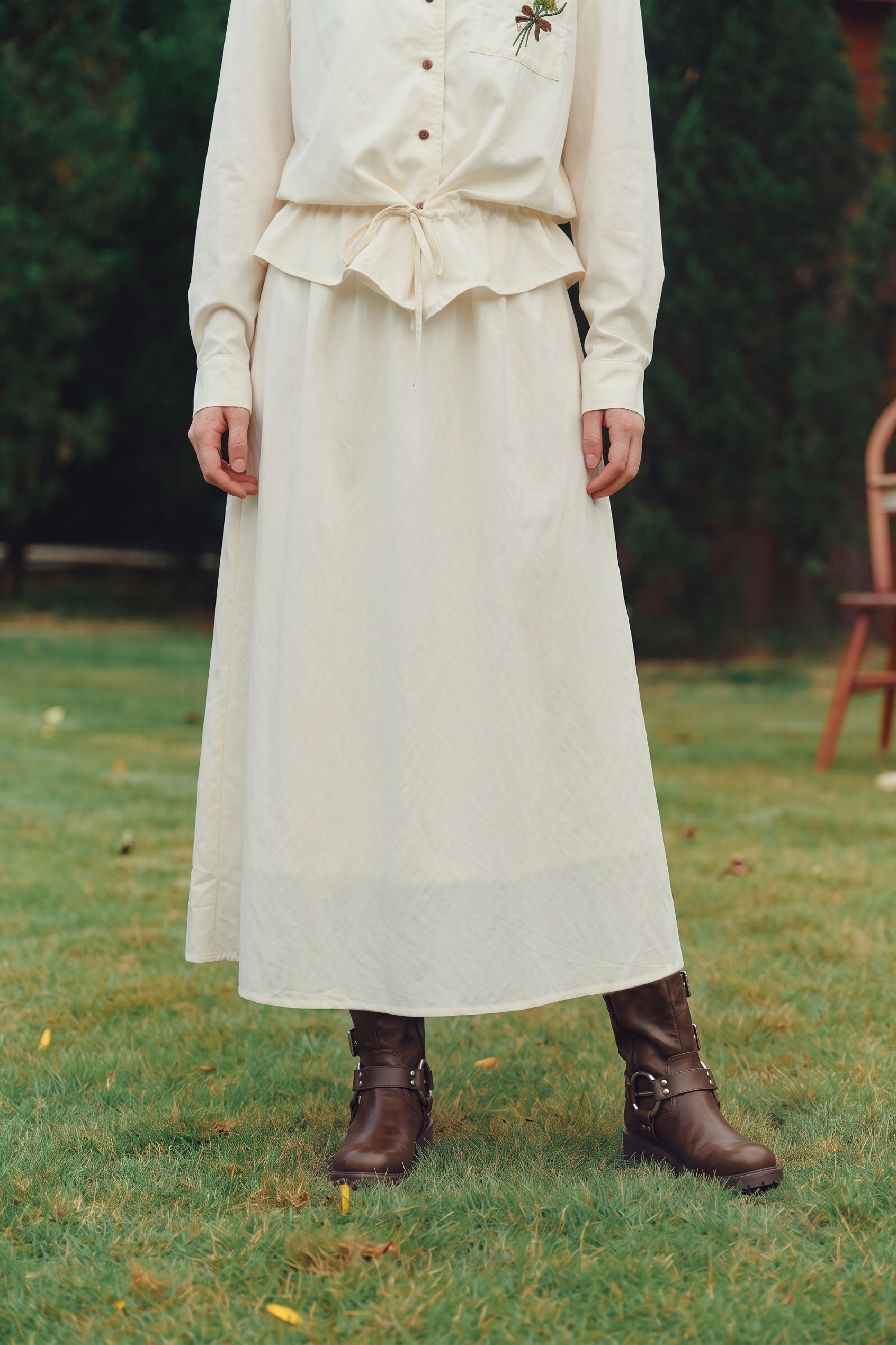 Embroidered Waist-Cinched Dress-LYONSENS