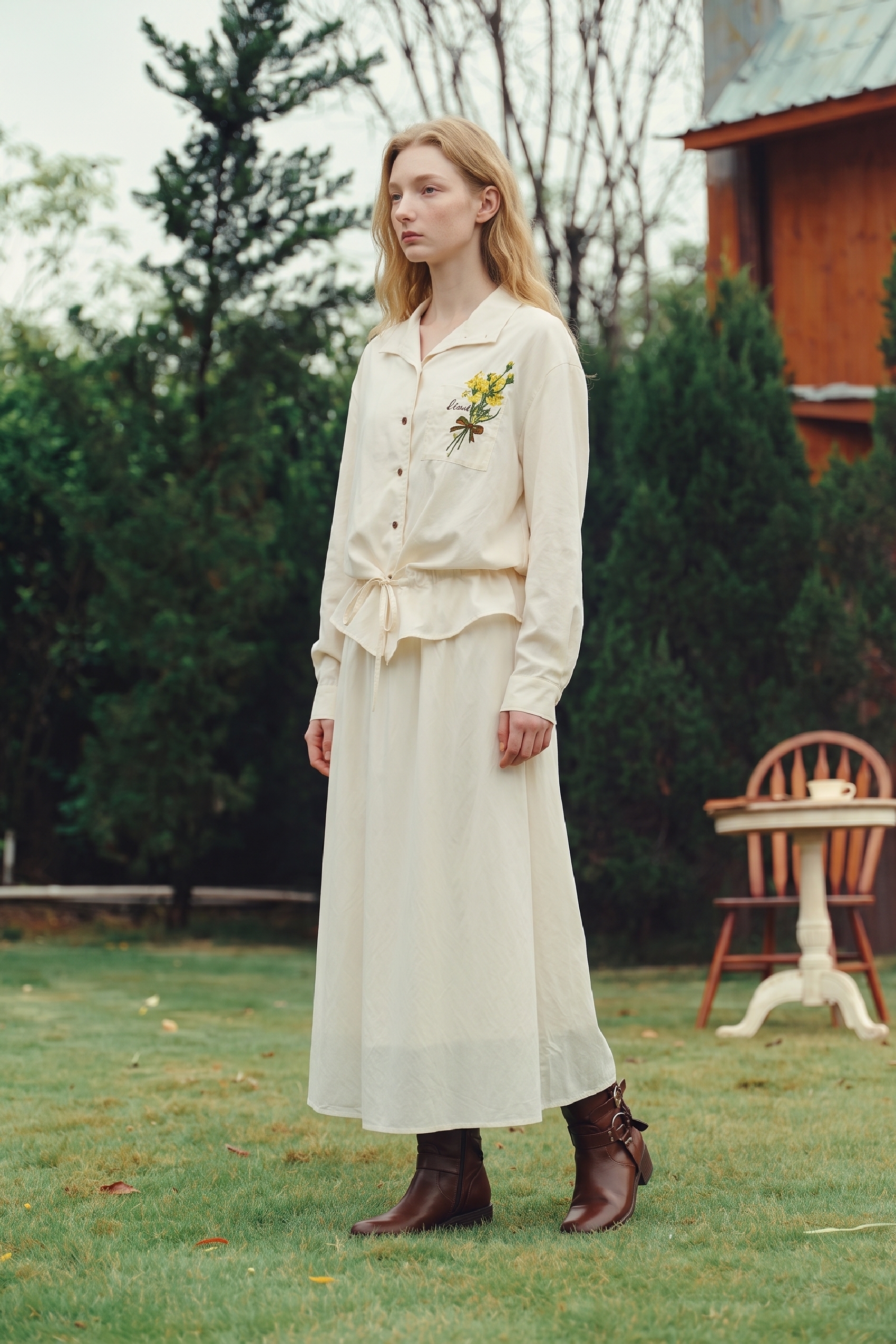 Embroidered Waist-Cinched Dress-LYONSENS