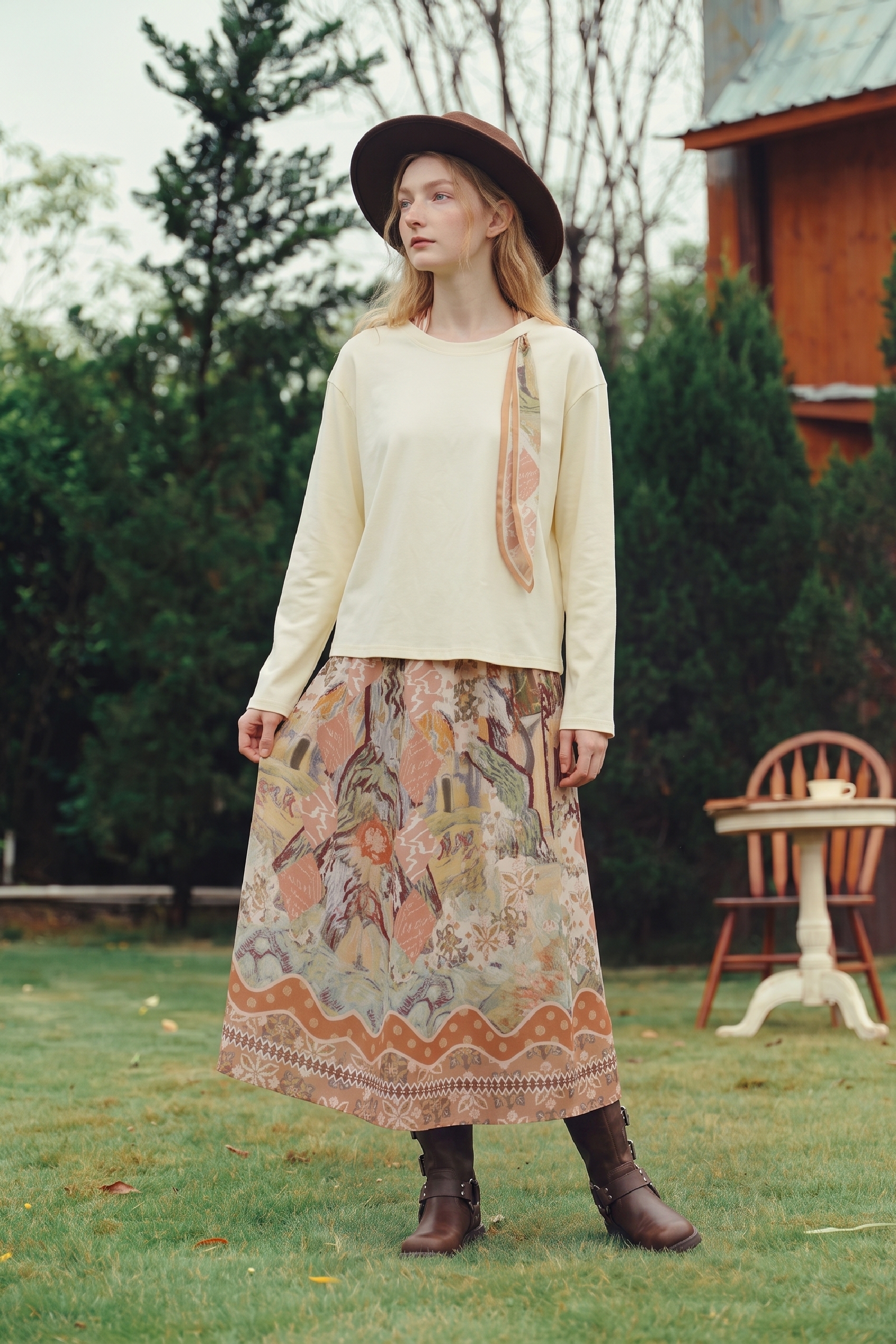 Long‑sleeve Top And Printed Skirt Set-LYONSENS