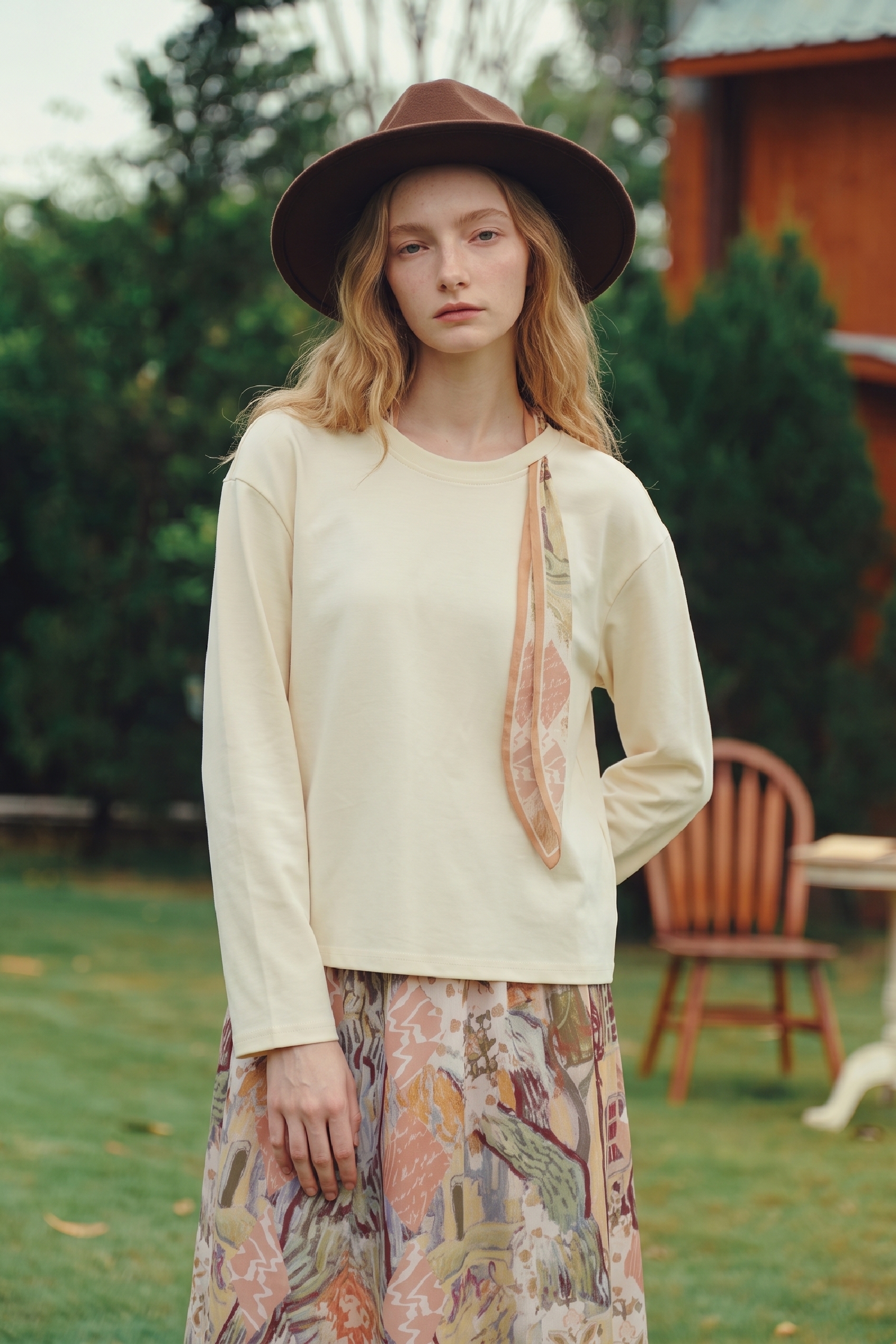 Long‑sleeve Top And Printed Skirt Set-LYONSENS