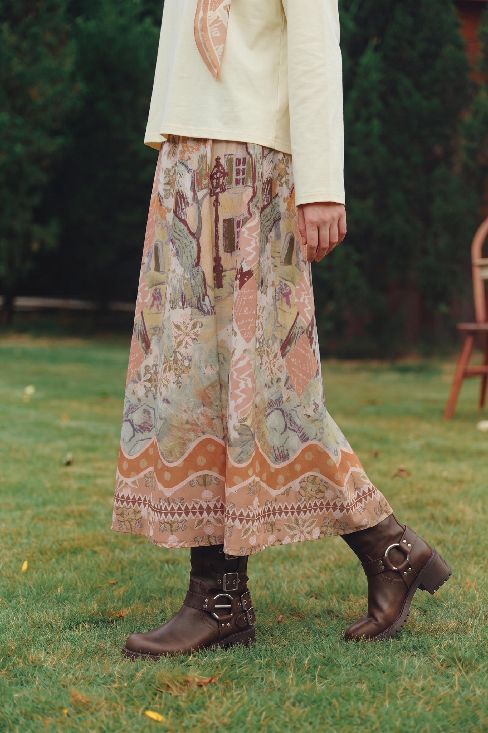 Long‑sleeve Top And Printed Skirt Set-LYONSENS