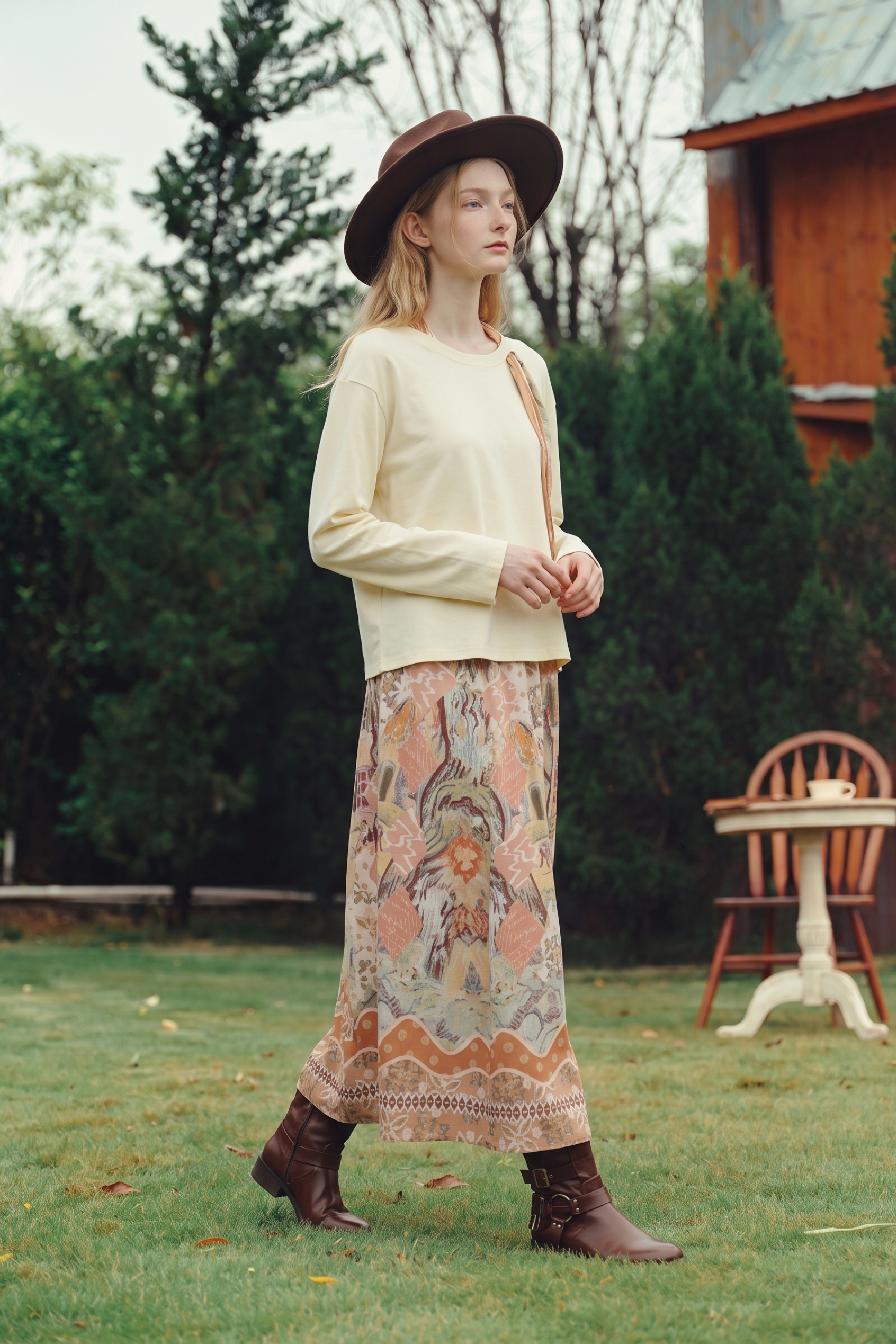 Long‑sleeve Top And Printed Skirt Set-LYONSENS