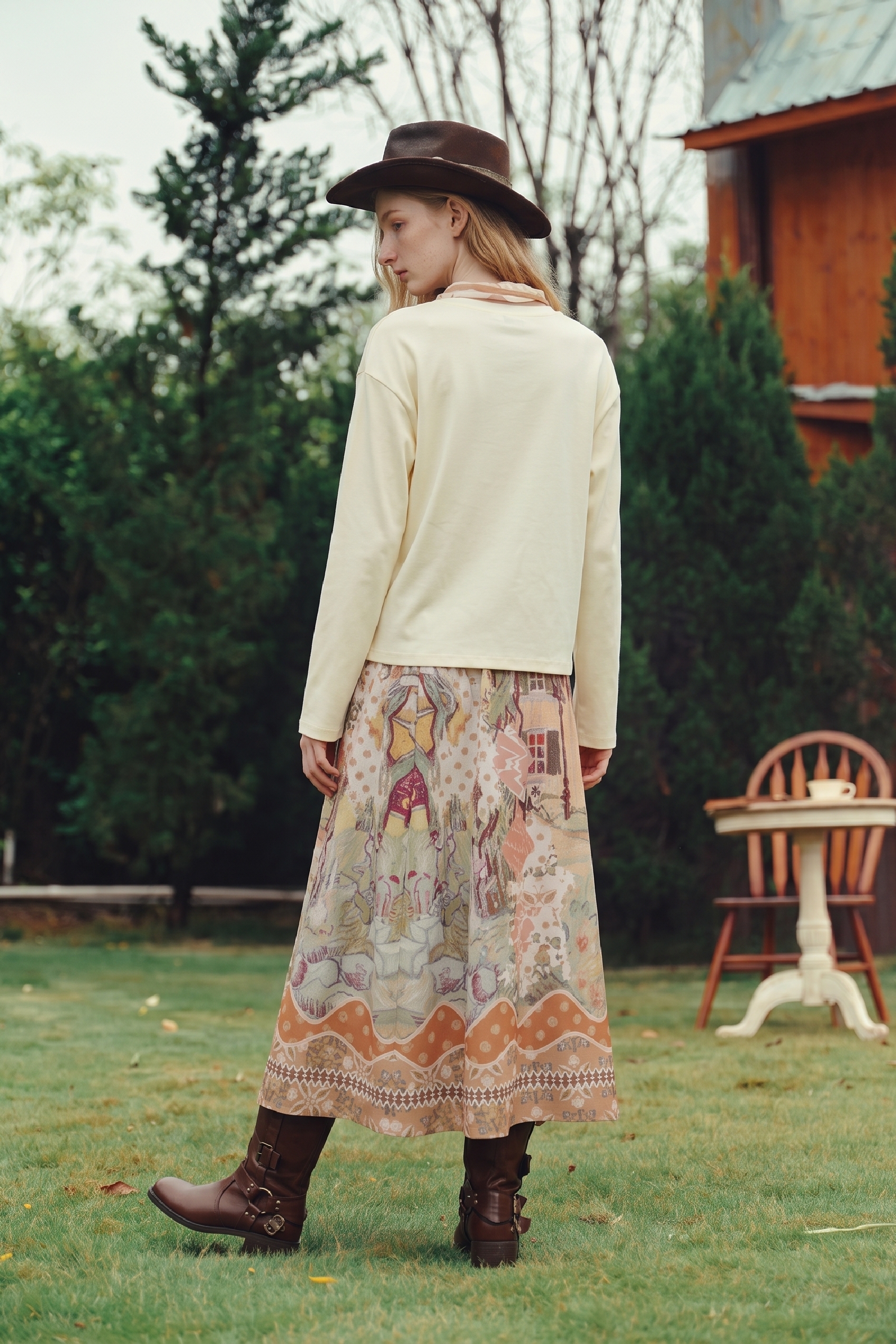 Long‑sleeve Top And Printed Skirt Set-LYONSENS