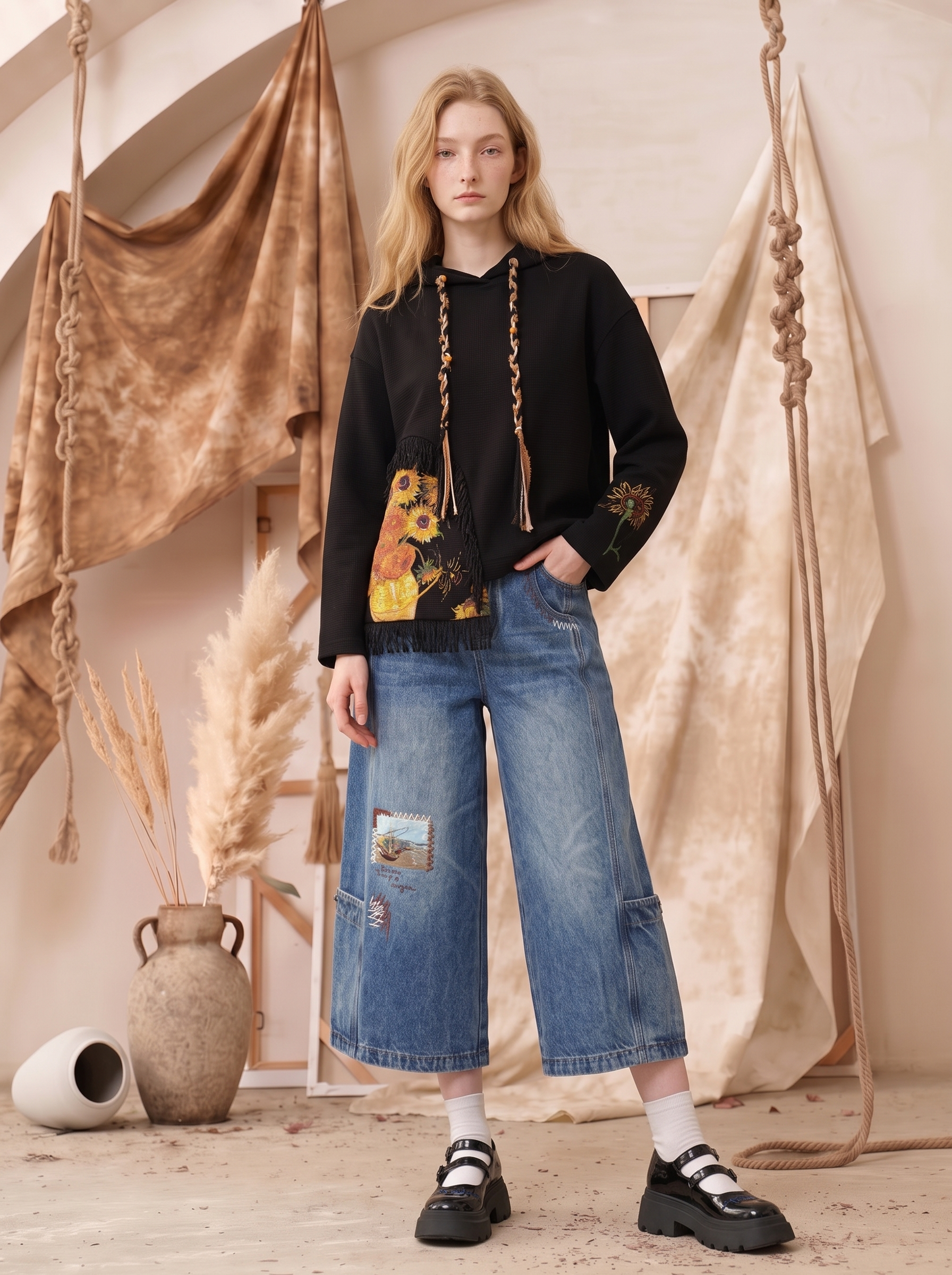 Oil Painting Print Spaghetti Strap Two-Piece Look Cropped Sweatshirt