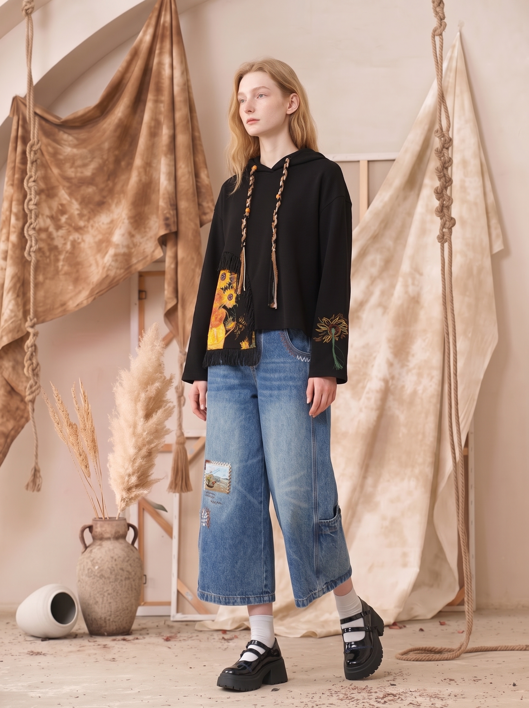 Oil Painting Print Spaghetti Strap Two-Piece Look Cropped Sweatshirt