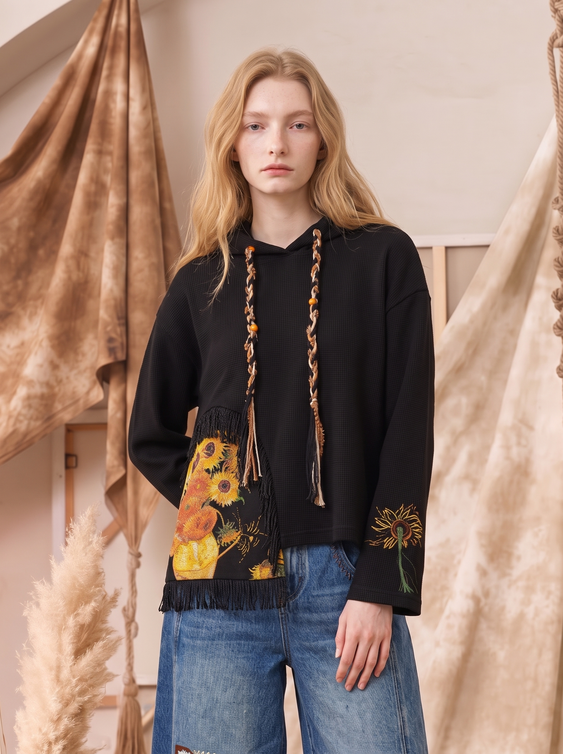 Oil Painting Print Spaghetti Strap Two-Piece Look Cropped Sweatshirt