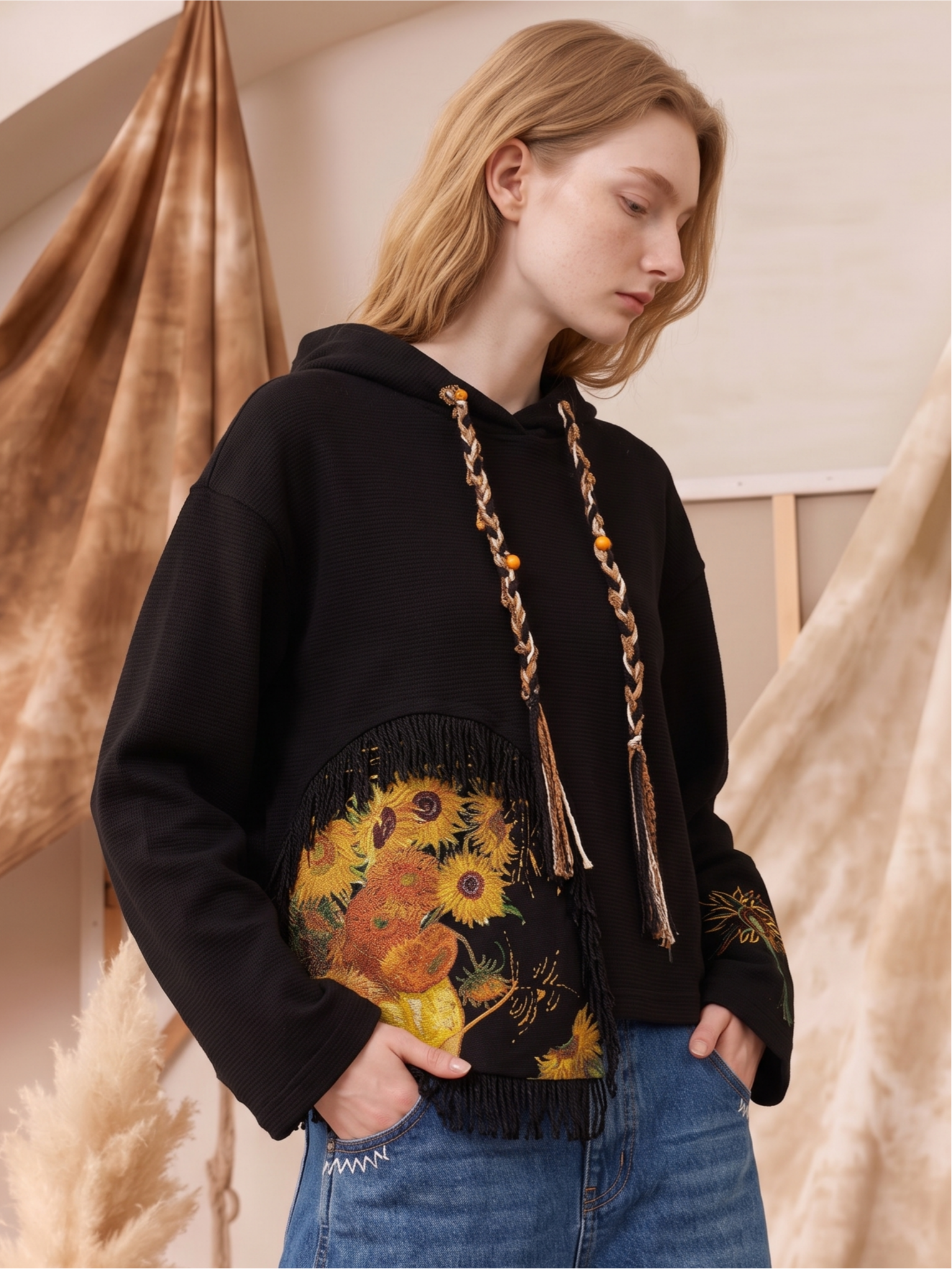 Oil Painting Print Spaghetti Strap Two-Piece Look Cropped Sweatshirt