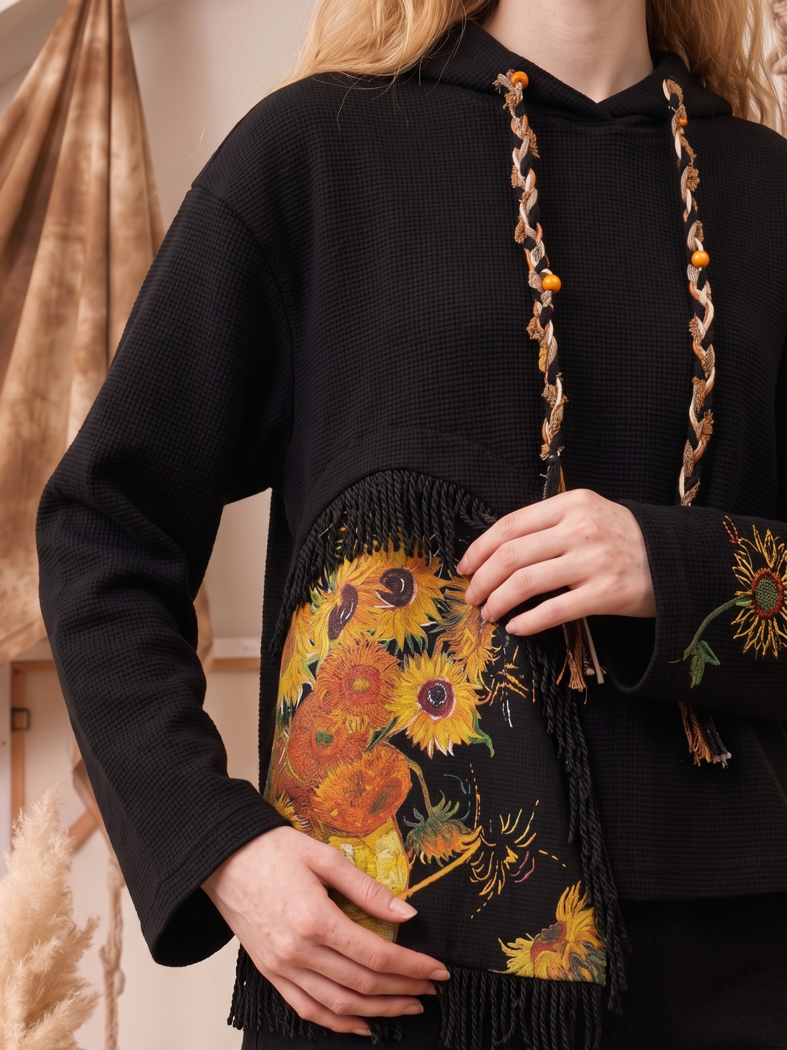 Oil Painting Print Spaghetti Strap Two-Piece Look Cropped Sweatshirt