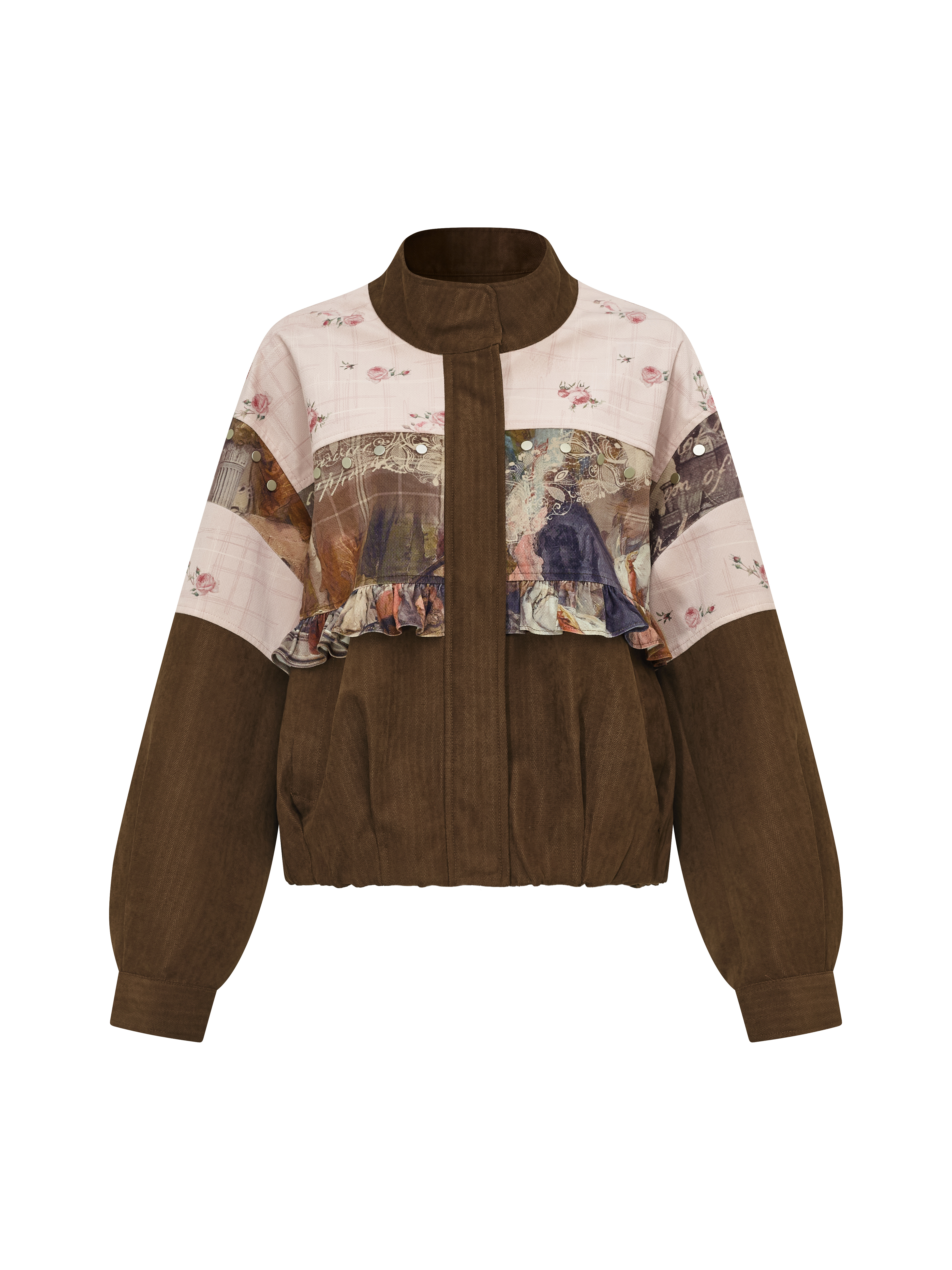 Vintage Printed Patchwork Crew Neck Cropped Jacket