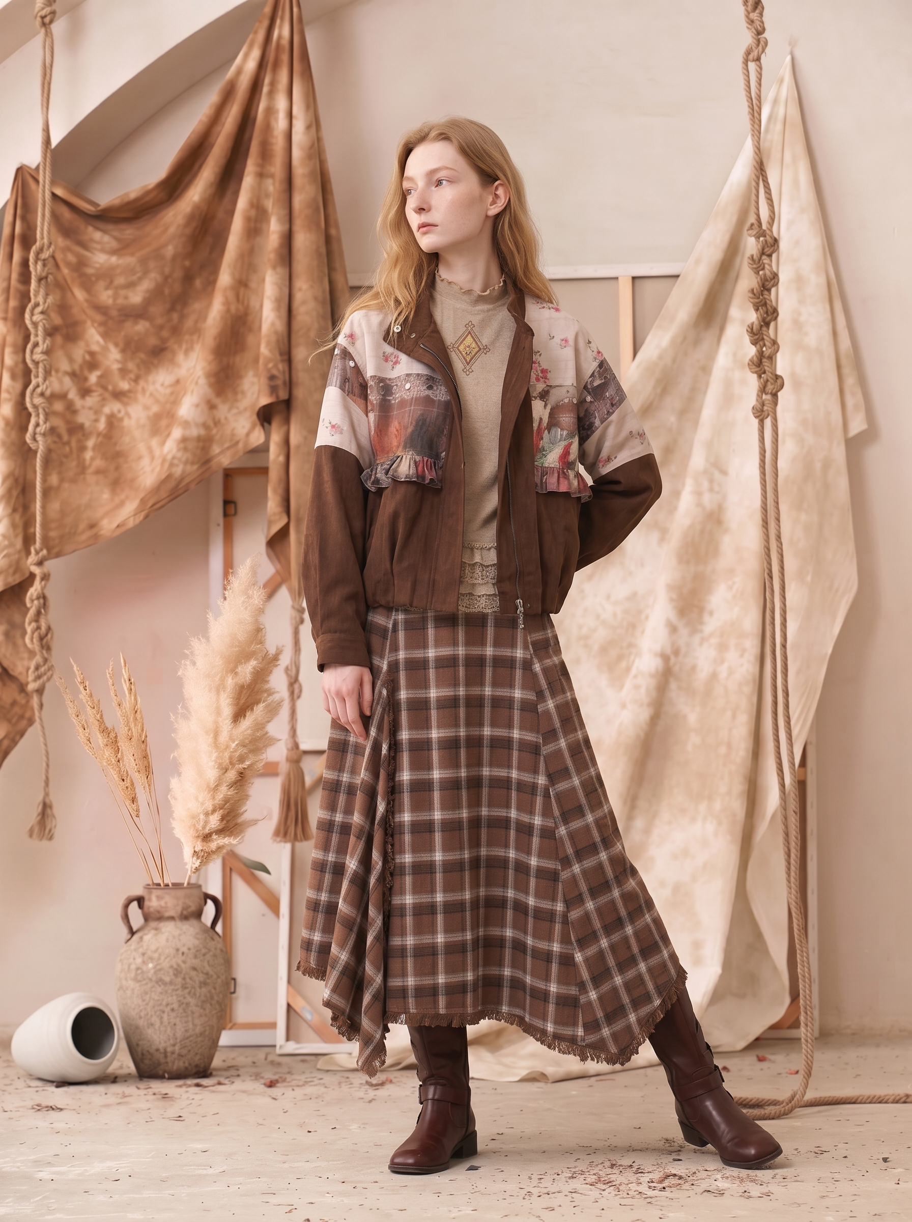 Vintage Printed Patchwork Crew Neck Cropped Jacket