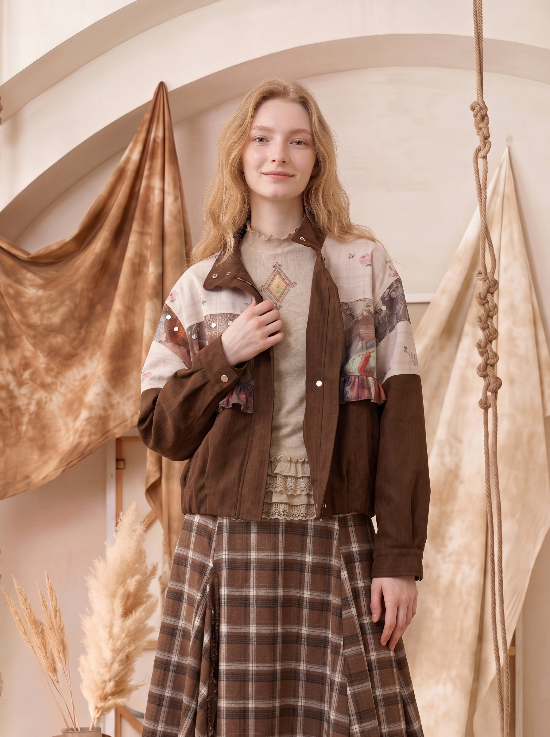 Vintage Printed Patchwork Crew Neck Cropped Jacket