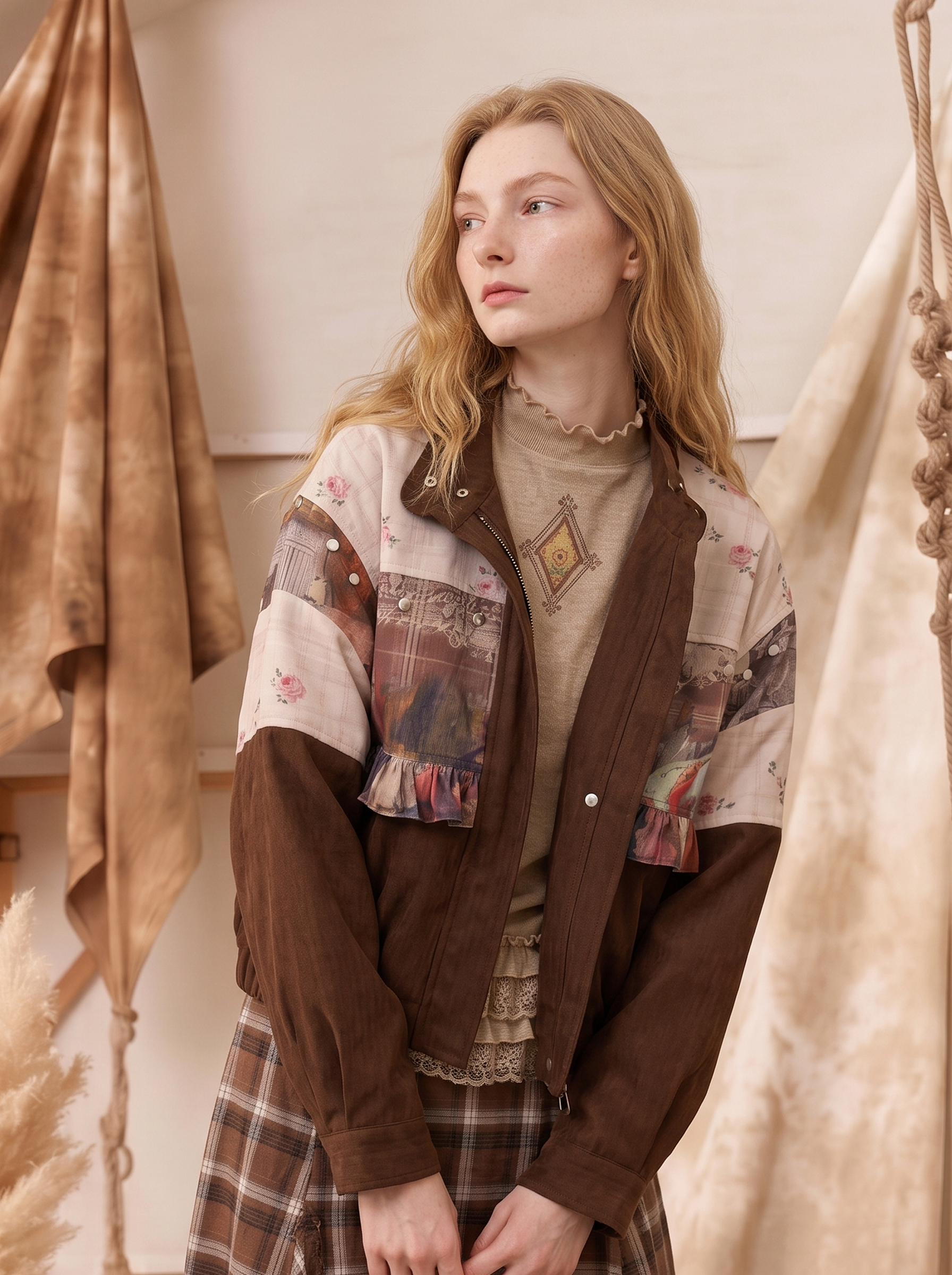 Vintage Printed Patchwork Crew Neck Cropped Jacket