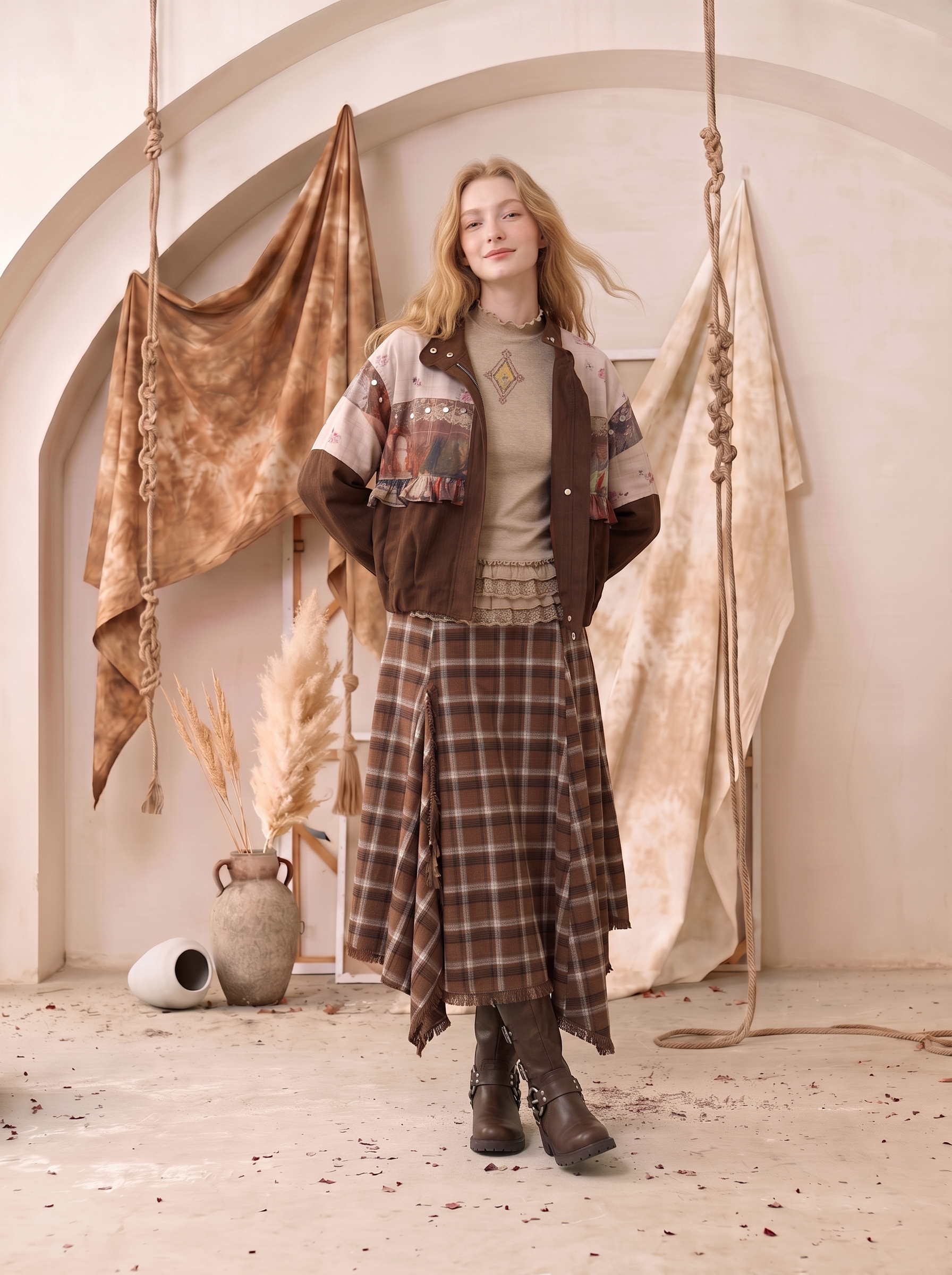 Vintage Printed Patchwork Crew Neck Cropped Jacket