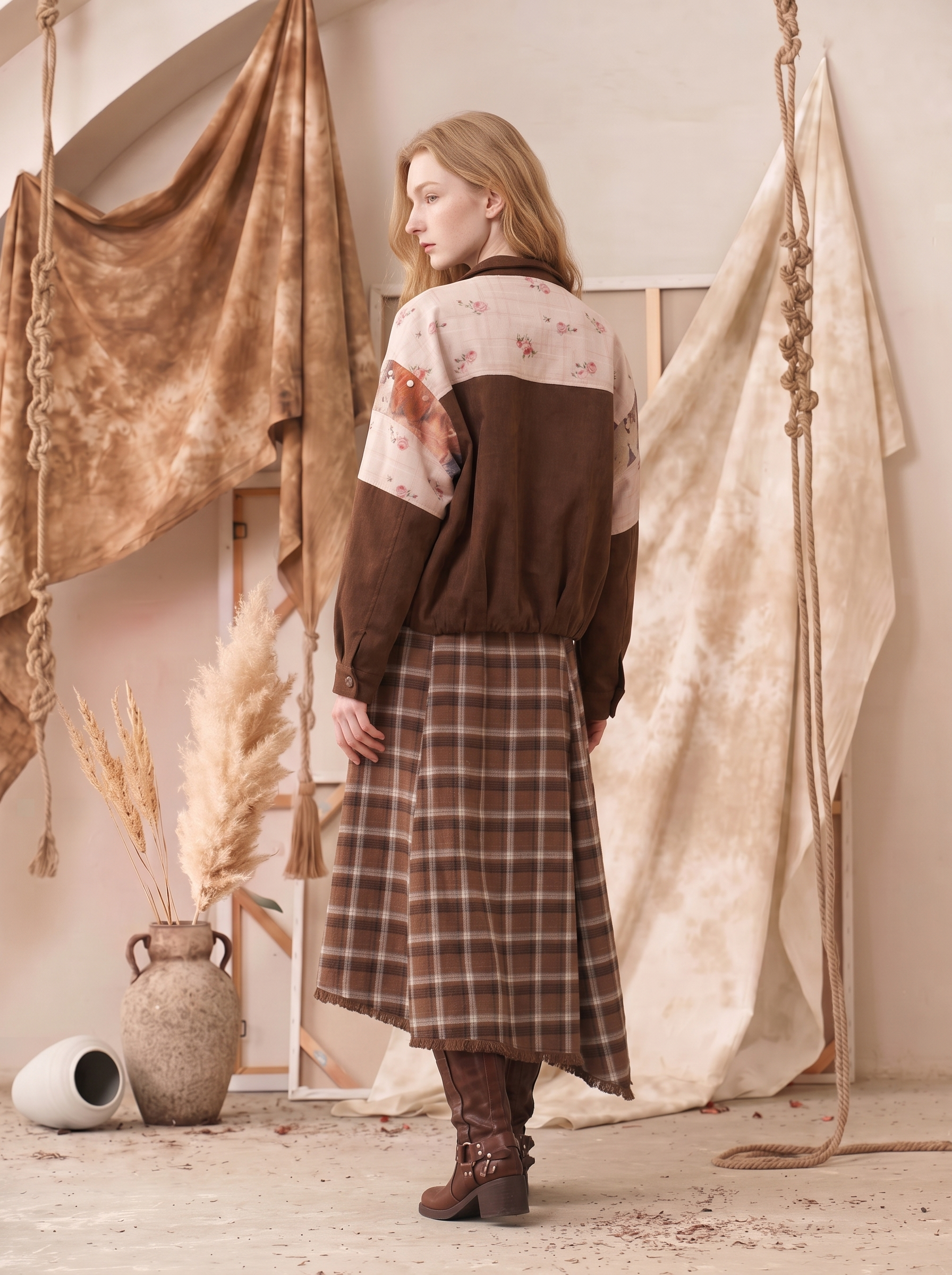 Vintage Printed Patchwork Crew Neck Cropped Jacket