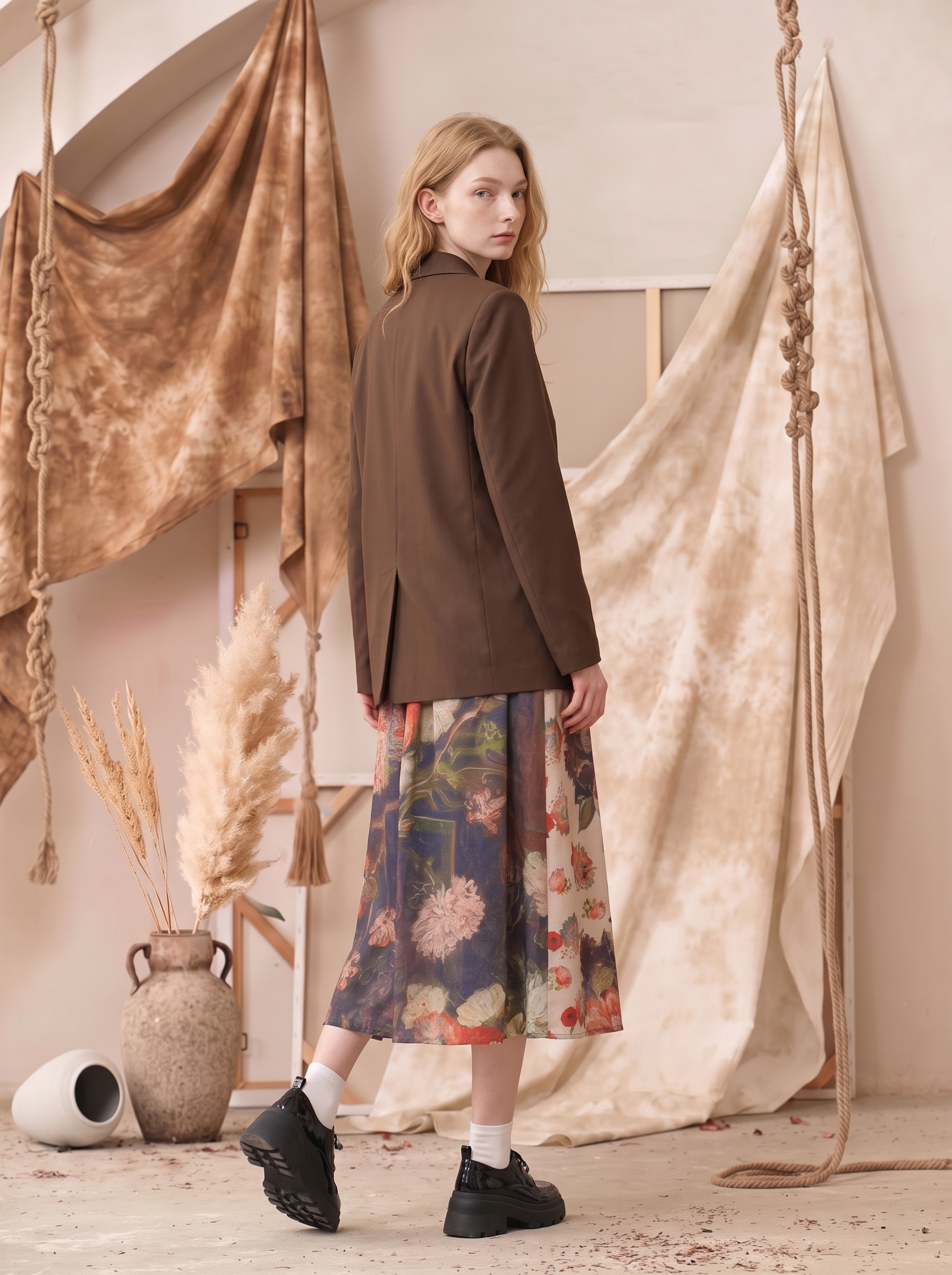 Printed Patchwork Turn-Down Collar Cropped Suit Jacket