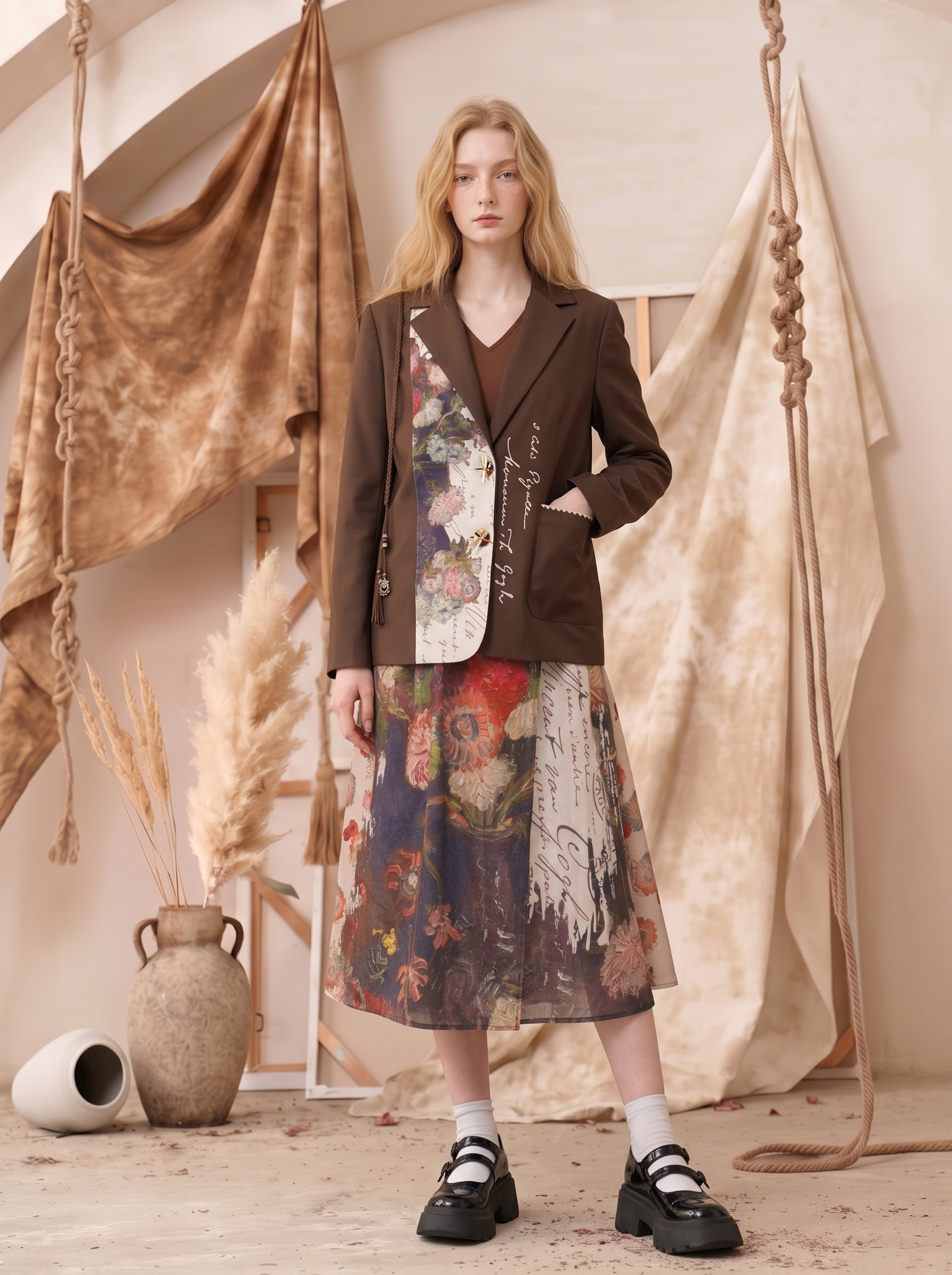 Printed Patchwork Turn-Down Collar Cropped Suit Jacket