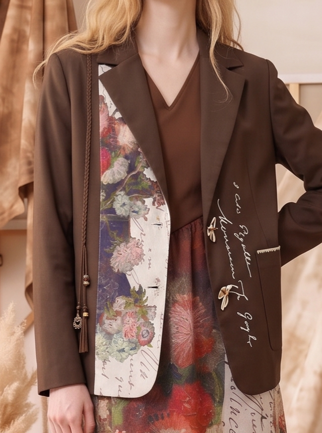 Printed Patchwork Turn-Down Collar Cropped Suit Jacket