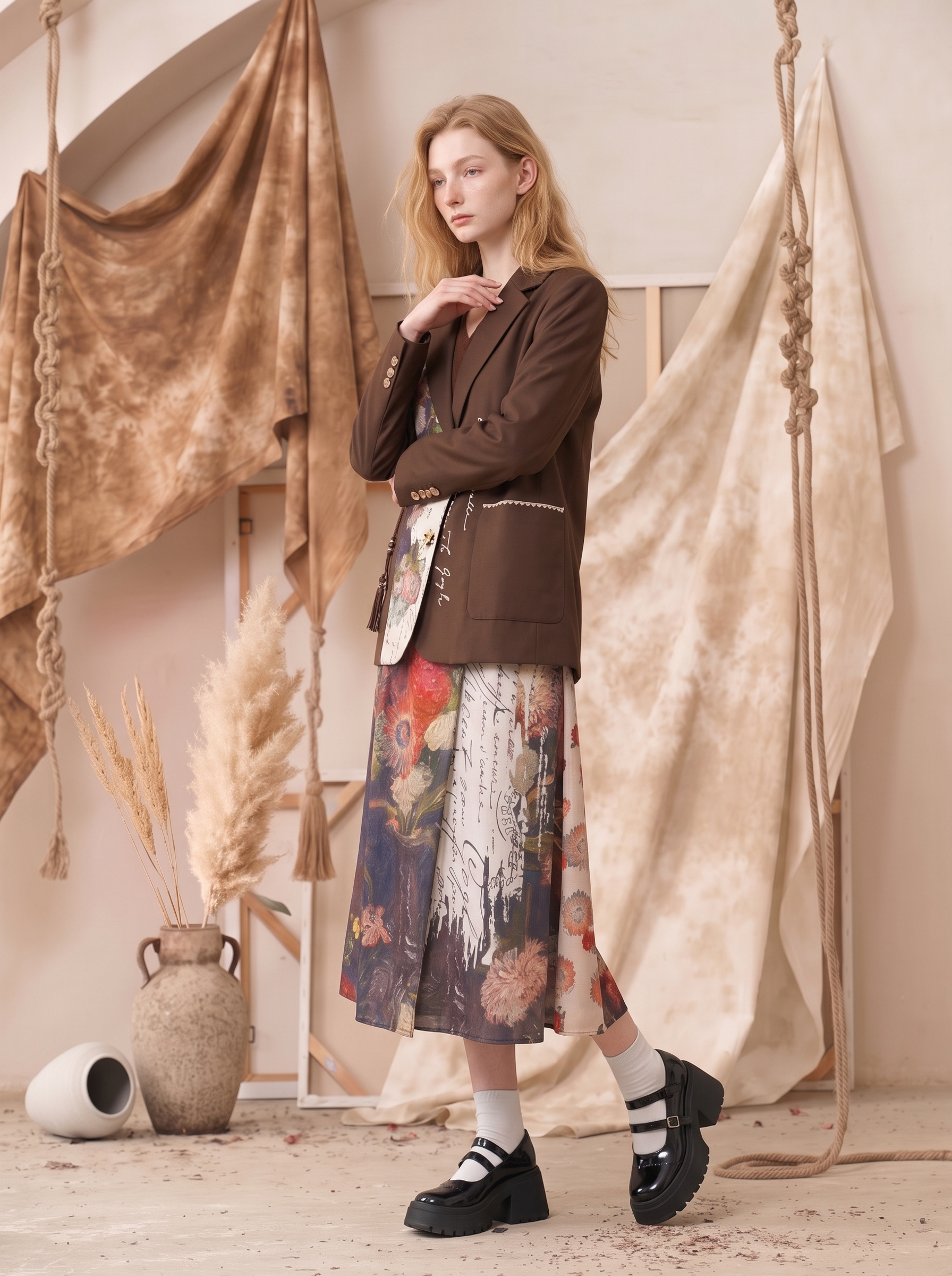 Printed Patchwork Turn-Down Collar Cropped Suit Jacket