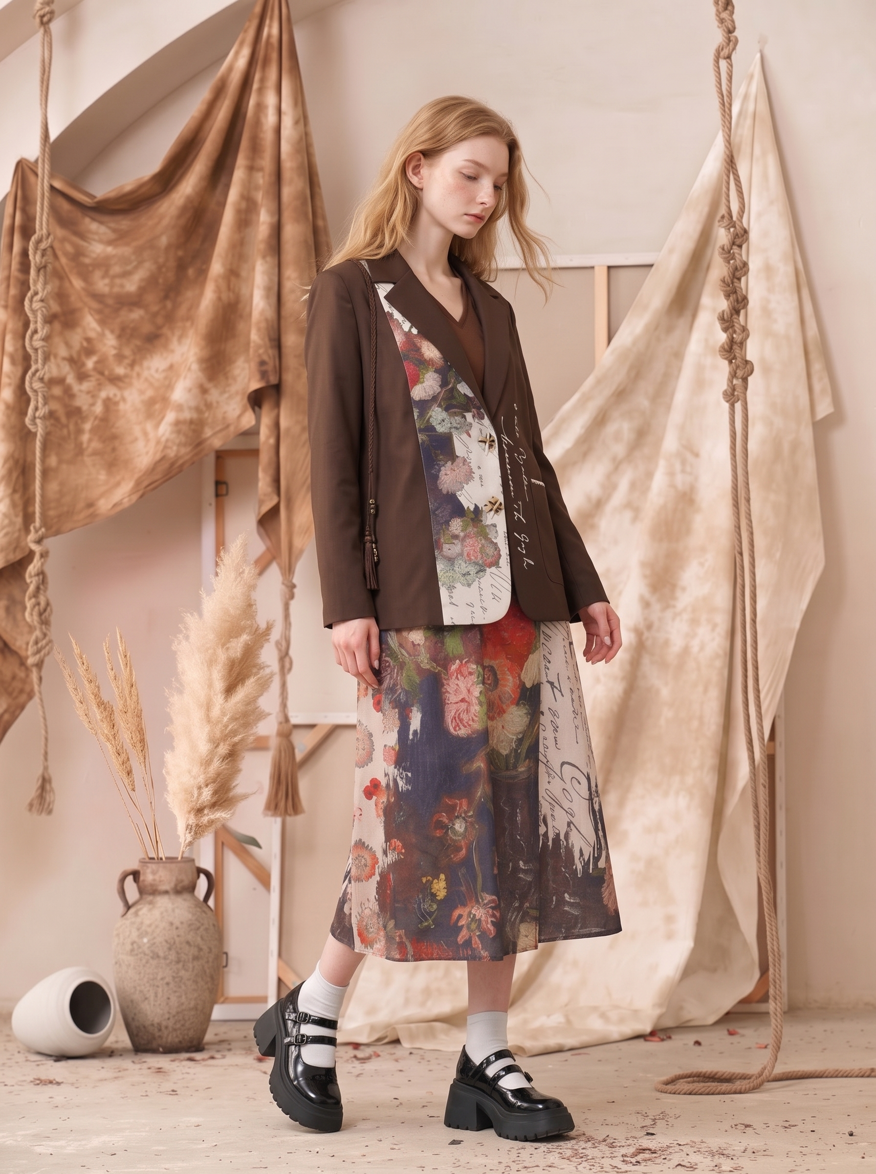Printed Patchwork Turn-Down Collar Cropped Suit Jacket